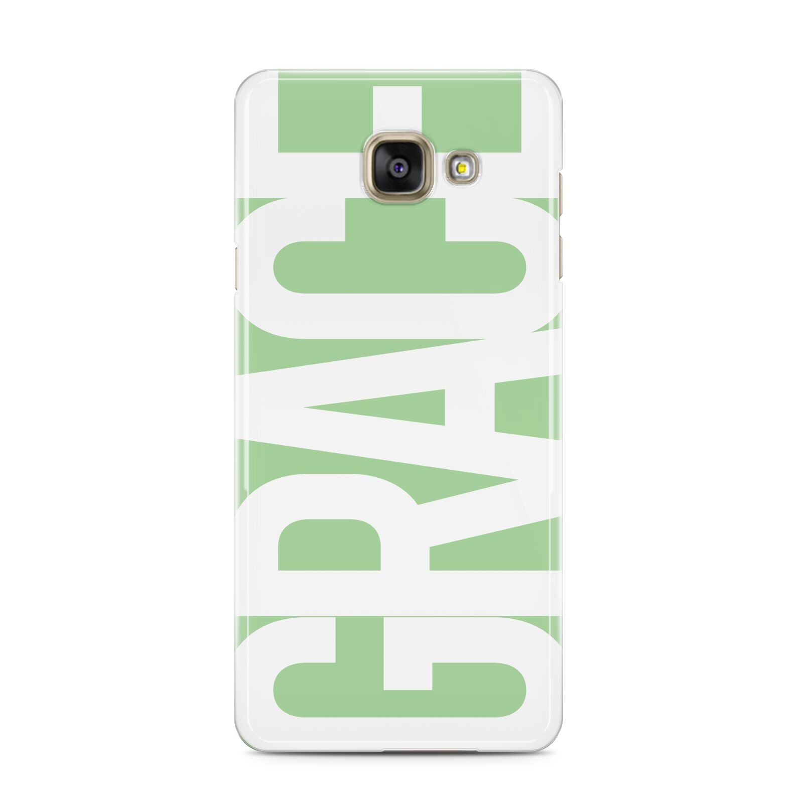 Pale Green with Bold White Text Samsung Galaxy A3 2016 Case on gold phone
