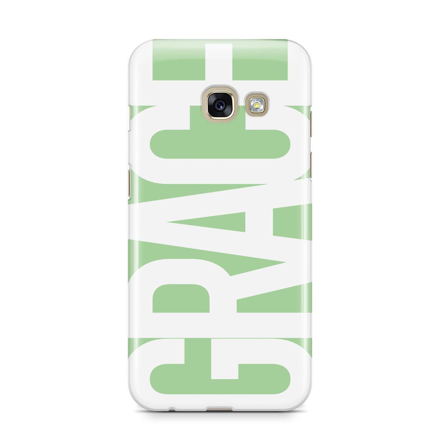 Pale Green with Bold White Text Samsung Galaxy A3 2017 Case on gold phone