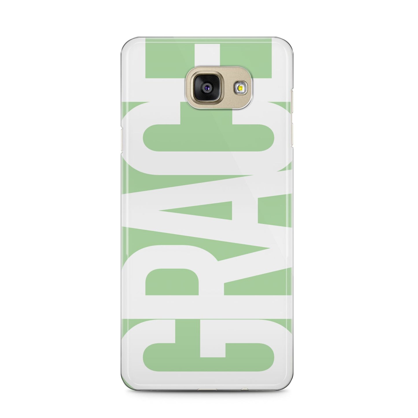Pale Green with Bold White Text Samsung Galaxy A5 2016 Case on gold phone