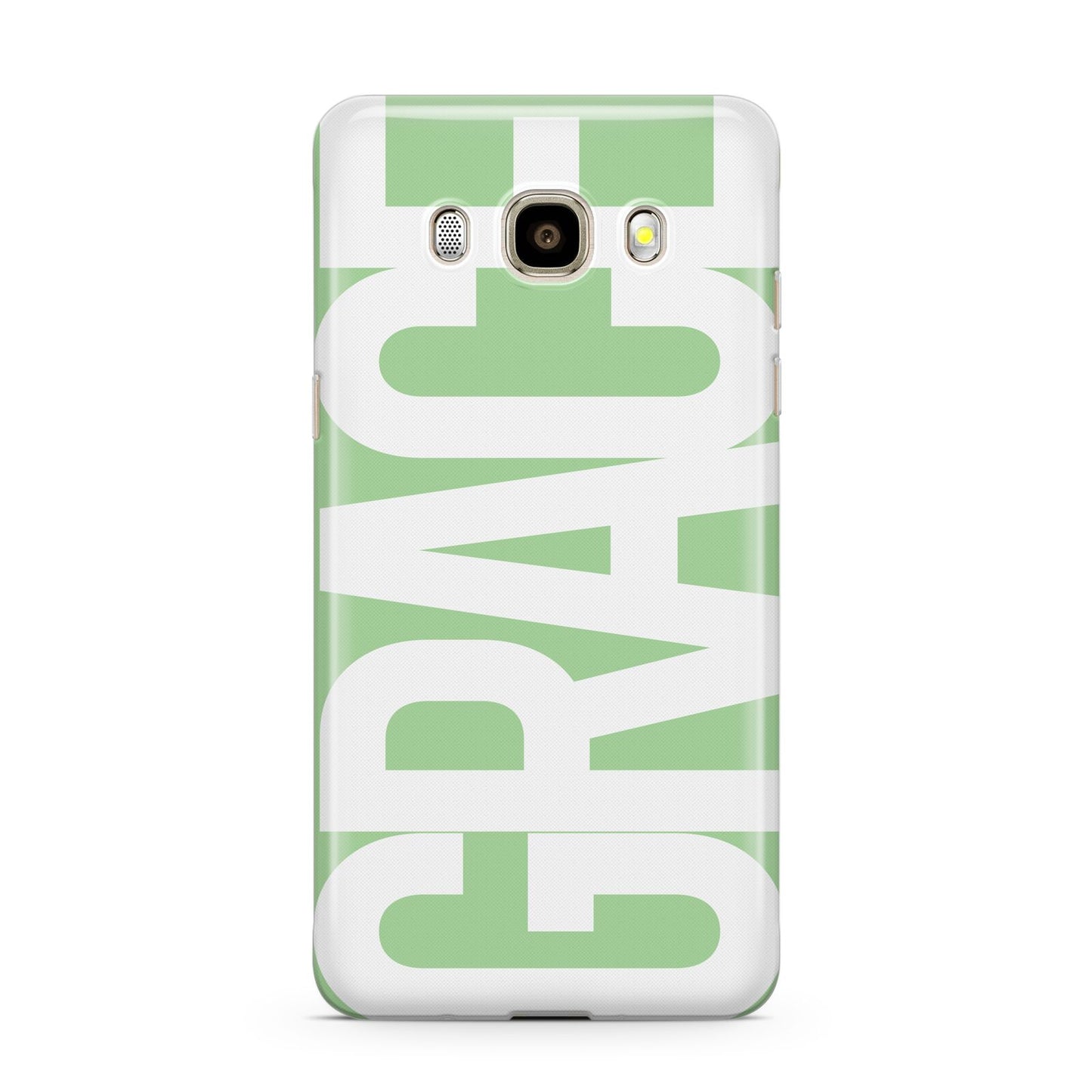 Pale Green with Bold White Text Samsung Galaxy J7 2016 Case on gold phone