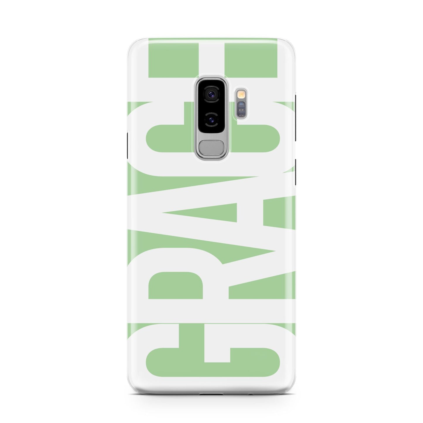 Pale Green with Bold White Text Samsung Galaxy S9 Plus Case on Silver phone
