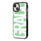 Pale Green with Bold White Text iPhone 13 Black Impact Case Side Angle on Silver phone