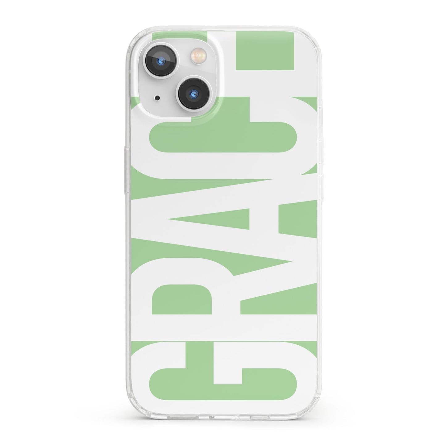 Pale Green with Bold White Text iPhone 13 Clear Bumper Case