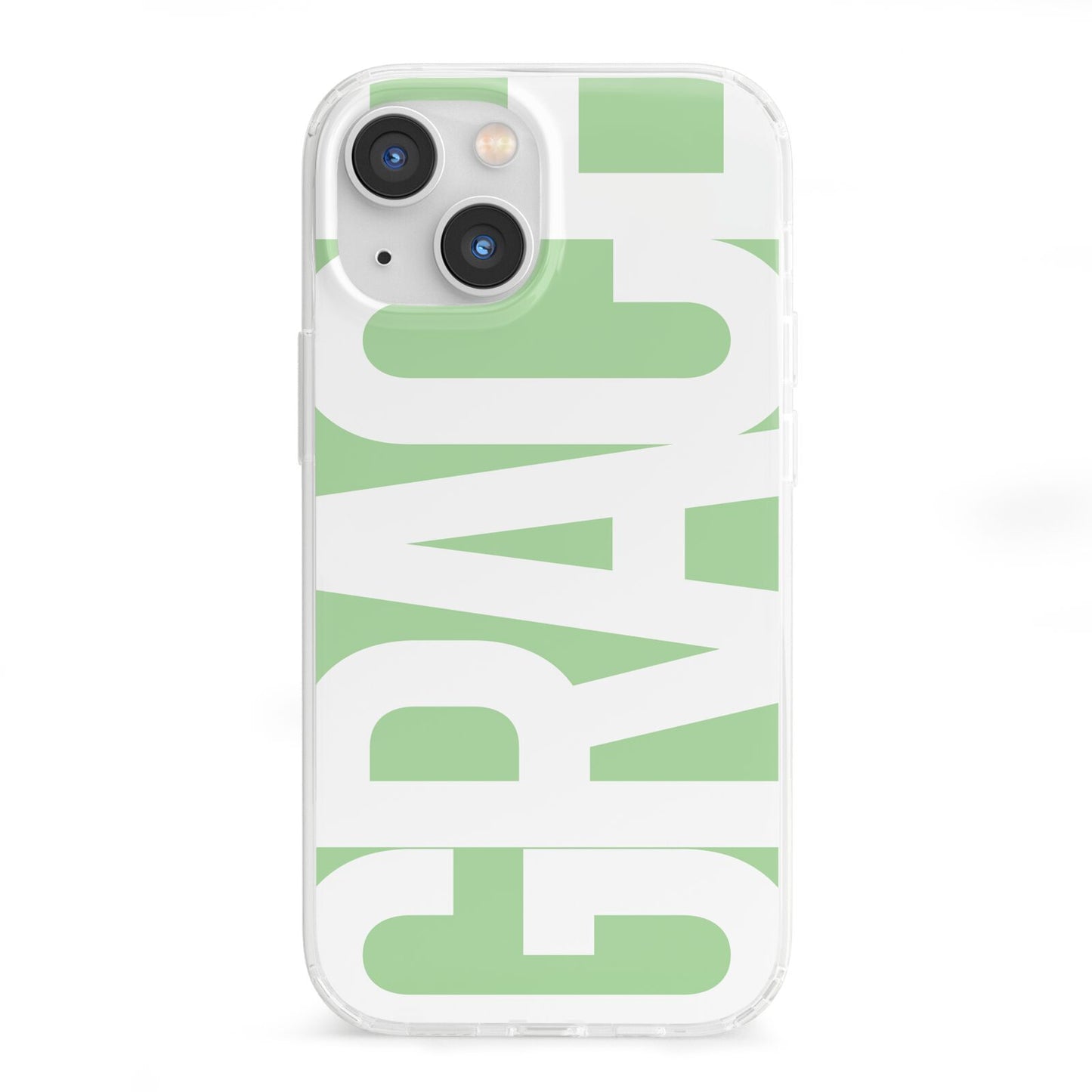 Pale Green with Bold White Text iPhone 13 Mini Clear Bumper Case