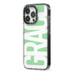 Pale Green with Bold White Text iPhone 13 Pro Black Impact Case Side Angle on Silver phone