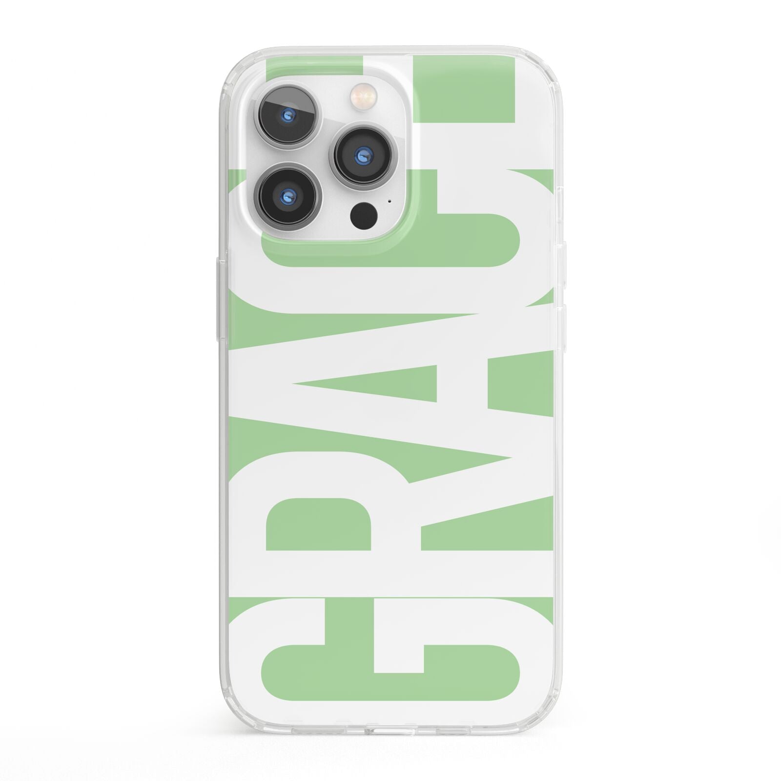 Pale Green with Bold White Text iPhone 13 Pro Clear Bumper Case