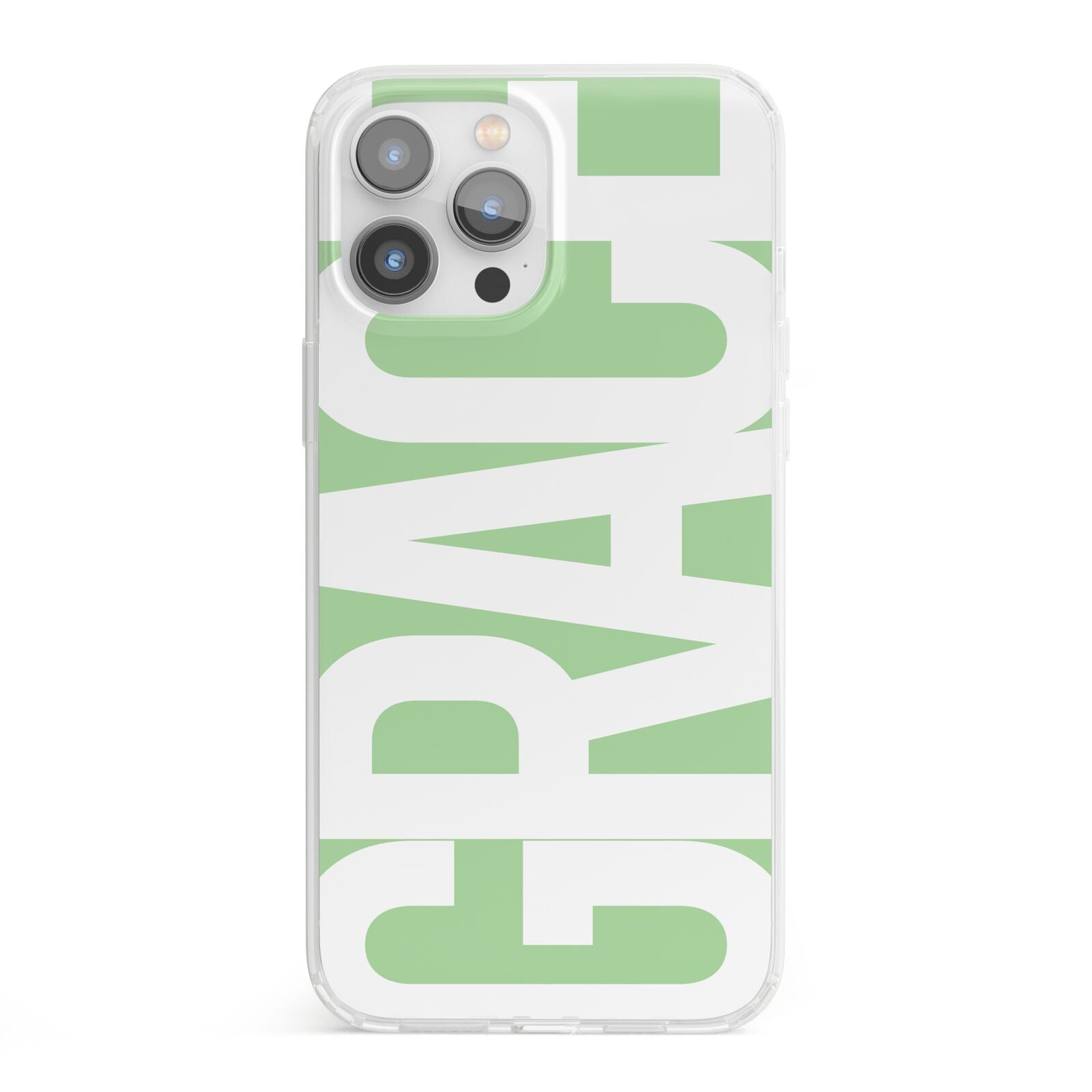Pale Green with Bold White Text iPhone 13 Pro Max Clear Bumper Case