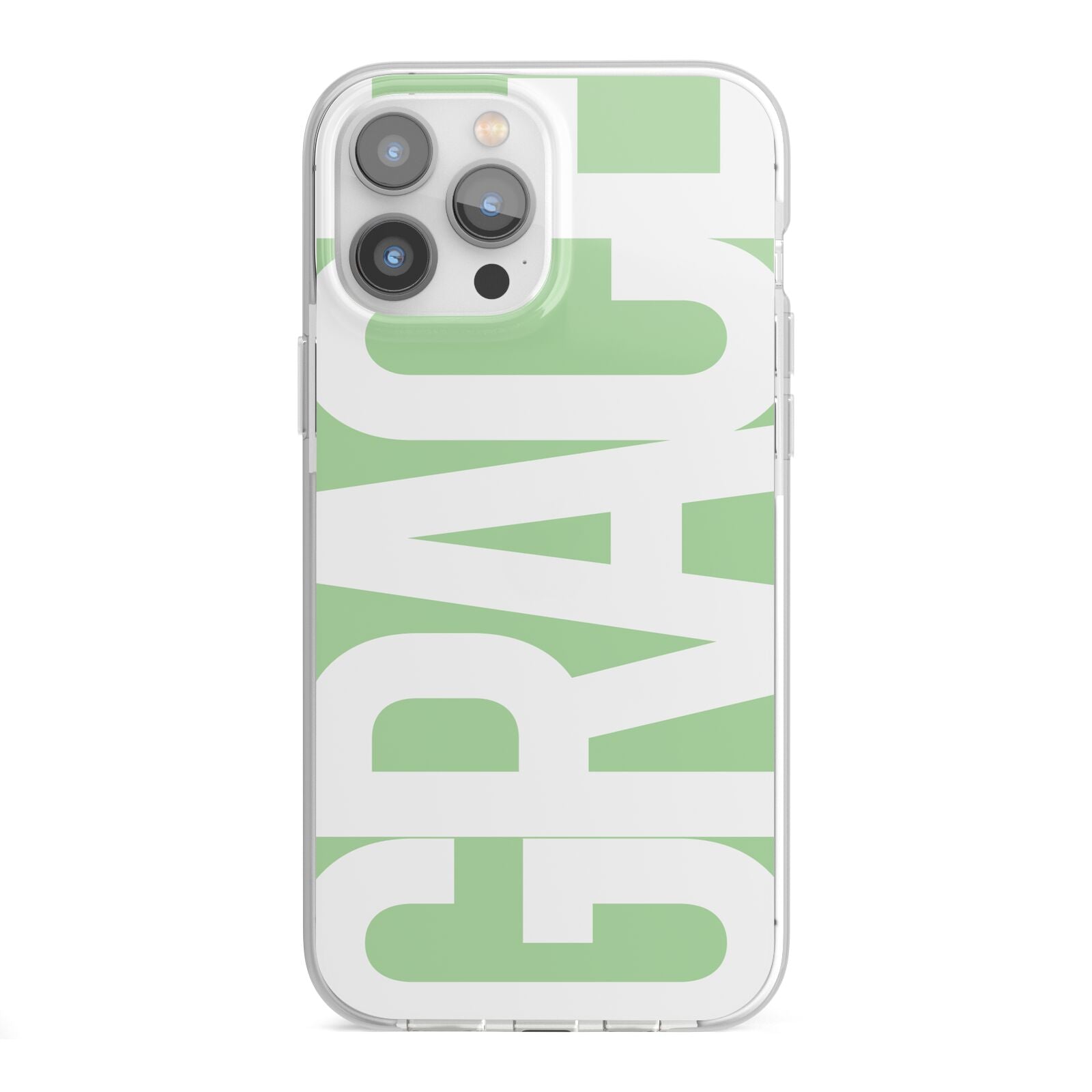 Pale Green with Bold White Text iPhone 13 Pro Max TPU Impact Case with White Edges