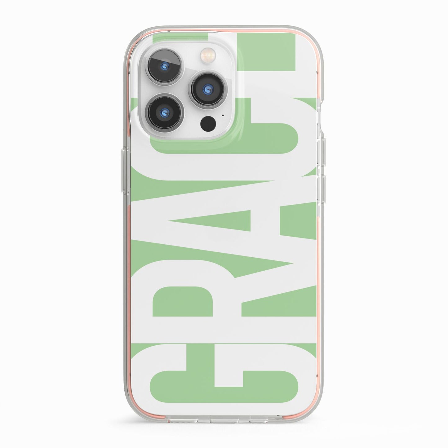 Pale Green with Bold White Text iPhone 13 Pro TPU Impact Case with Pink Edges