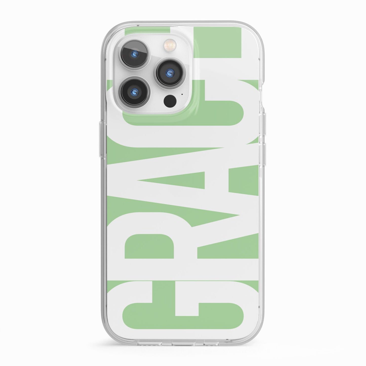 Pale Green with Bold White Text iPhone 13 Pro TPU Impact Case with White Edges