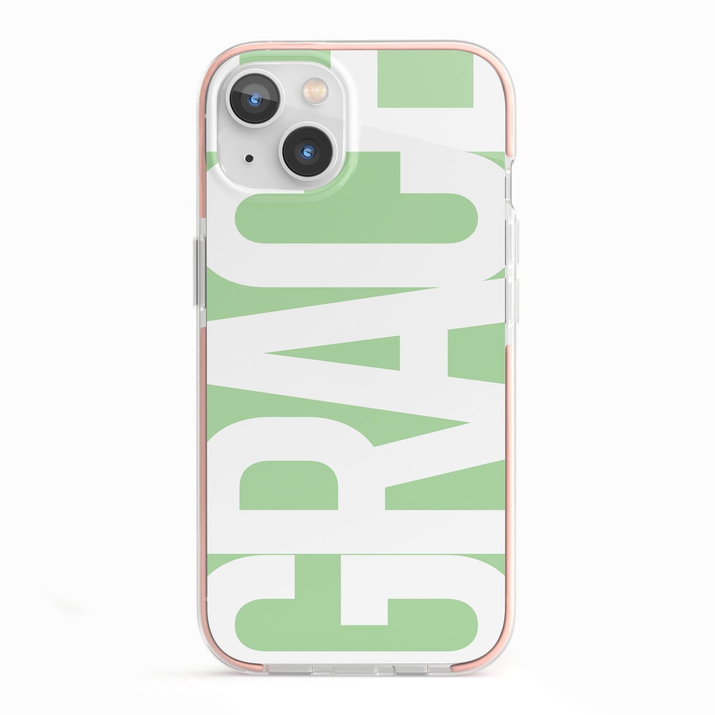 Pale Green with Bold White Text iPhone 13 TPU Impact Case with Pink Edges