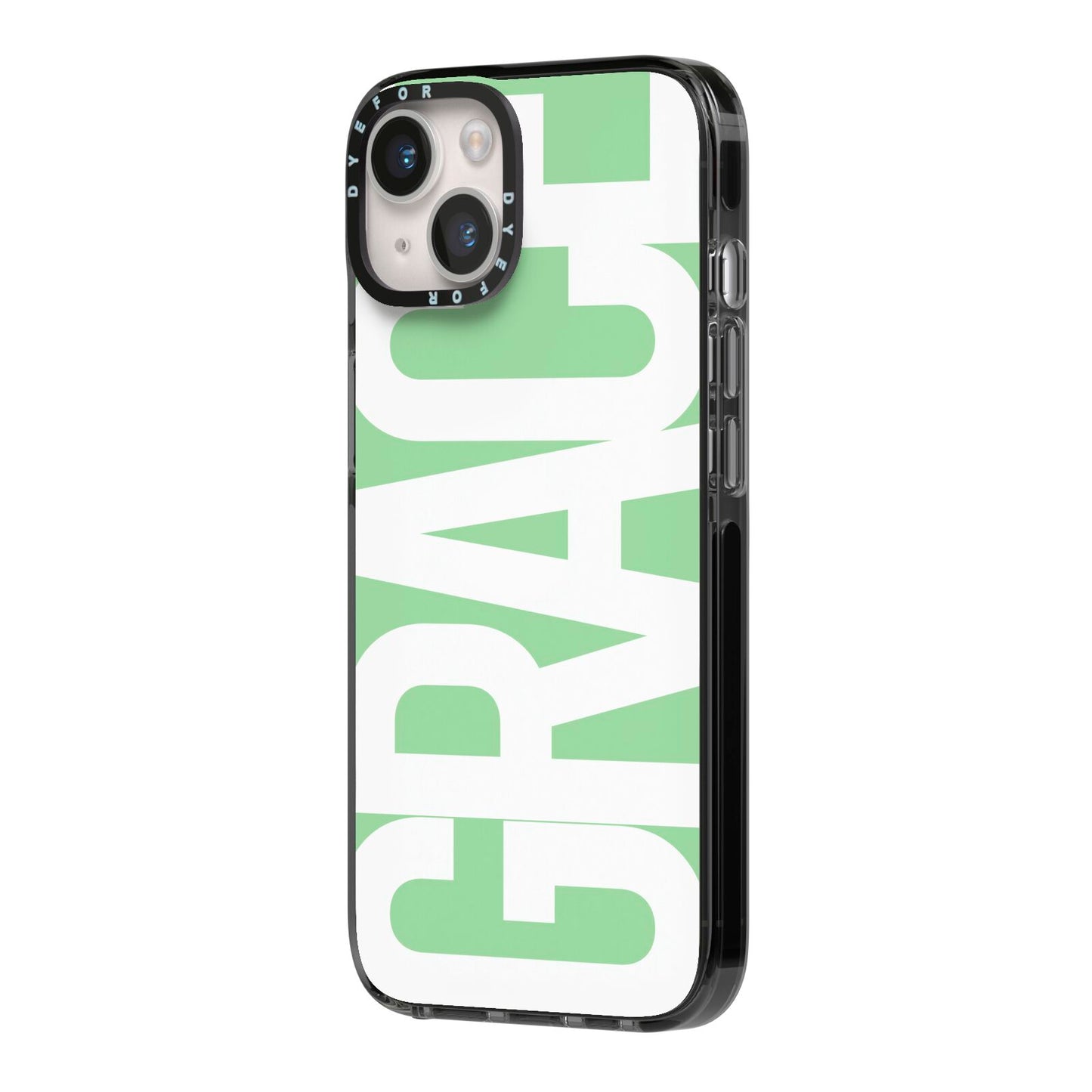 Pale Green with Bold White Text iPhone 14 Black Impact Case Side Angle on Silver phone