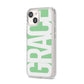 Pale Green with Bold White Text iPhone 14 Clear Tough Case Starlight Angled Image