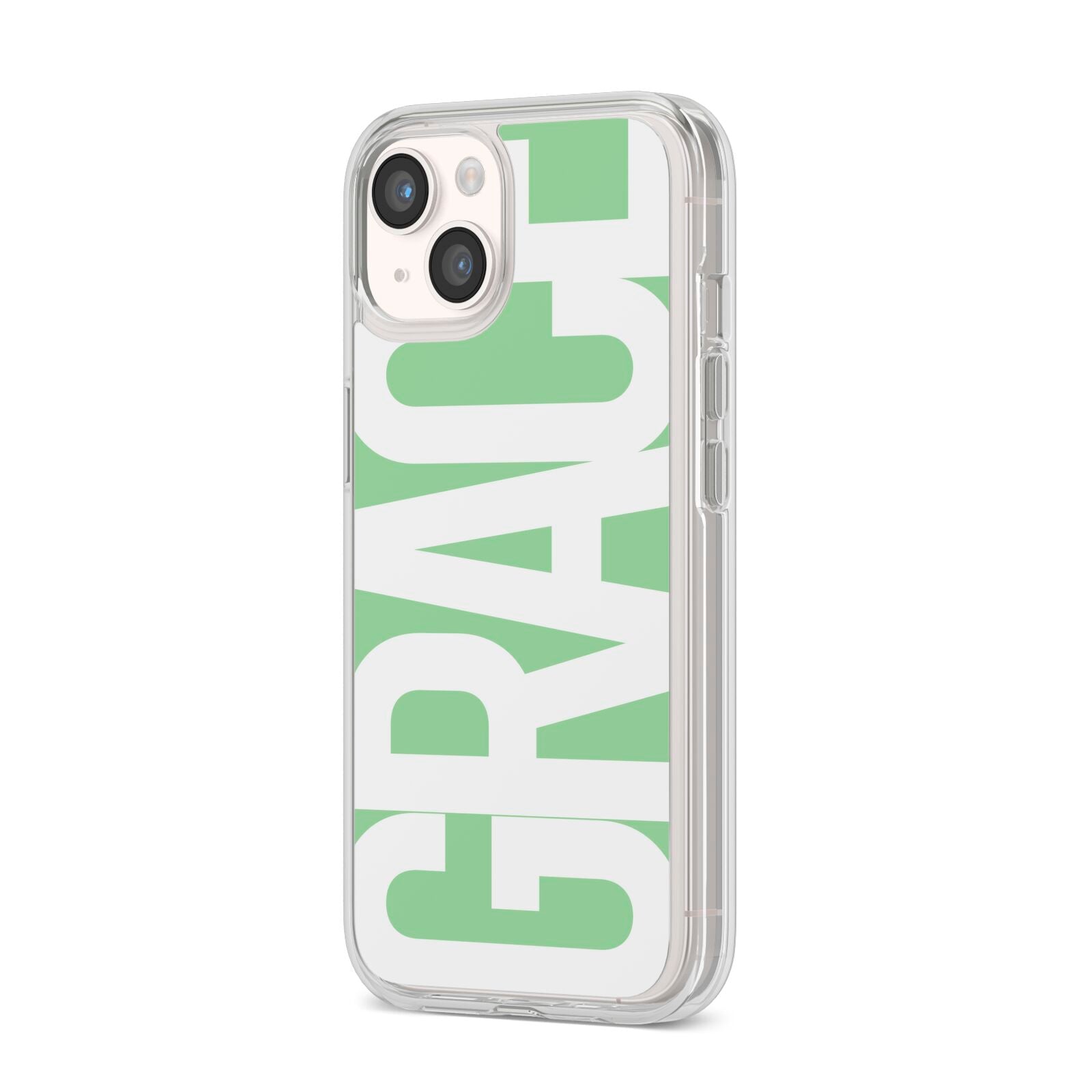 Pale Green with Bold White Text iPhone 14 Clear Tough Case Starlight Angled Image