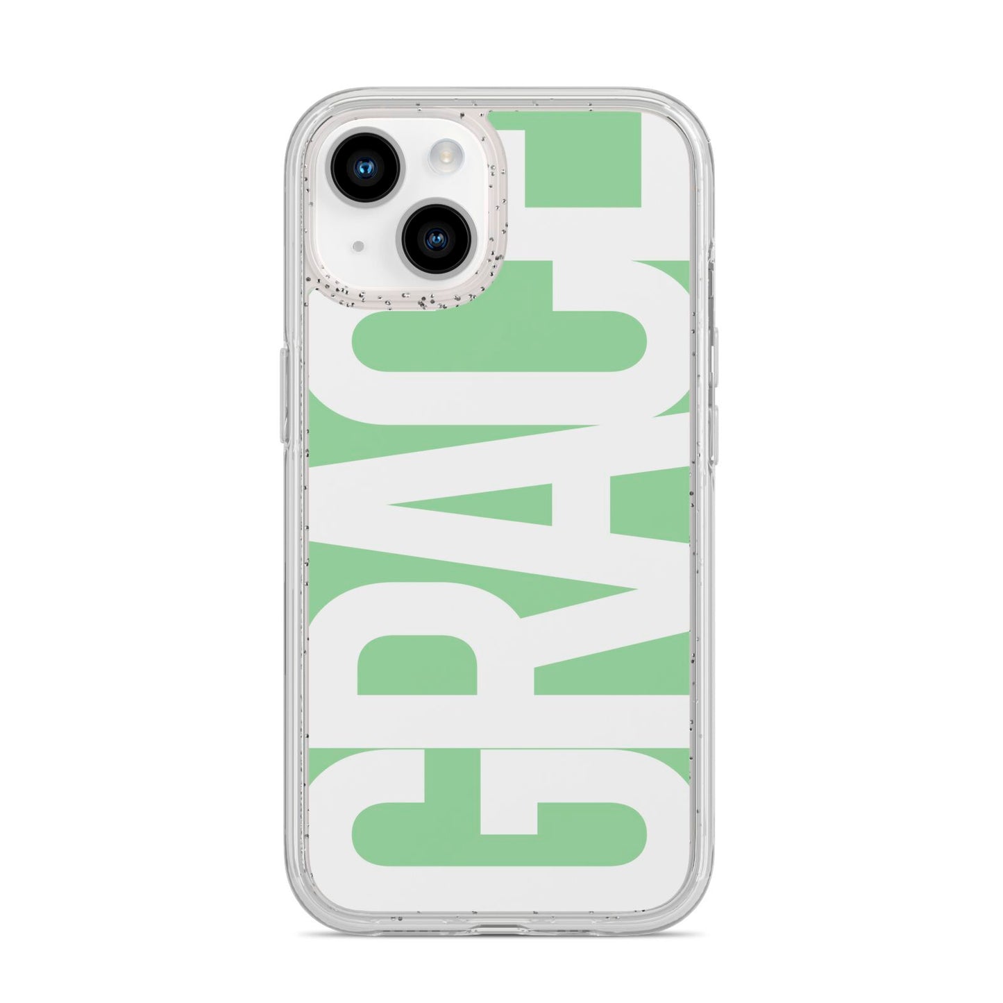 Pale Green with Bold White Text iPhone 14 Glitter Tough Case Starlight