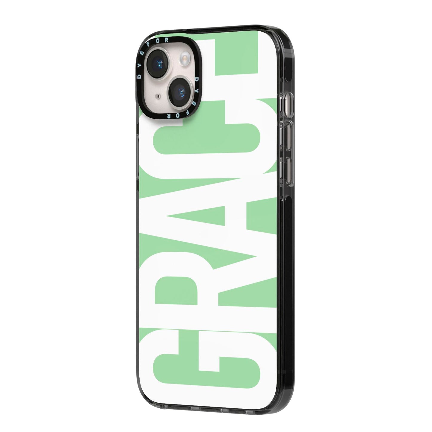 Pale Green with Bold White Text iPhone 14 Plus Black Impact Case Side Angle on Silver phone