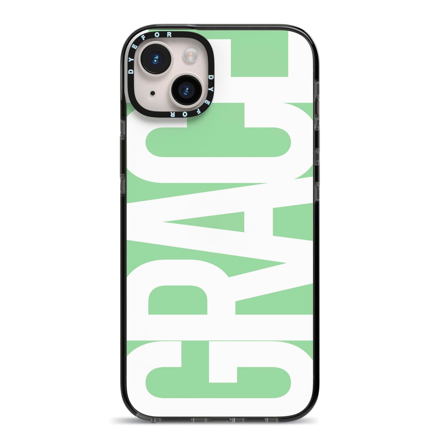 Pale Green with Bold White Text iPhone 14 Plus Black Impact Case on Silver phone