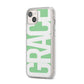 Pale Green with Bold White Text iPhone 14 Plus Clear Tough Case Starlight Angled Image