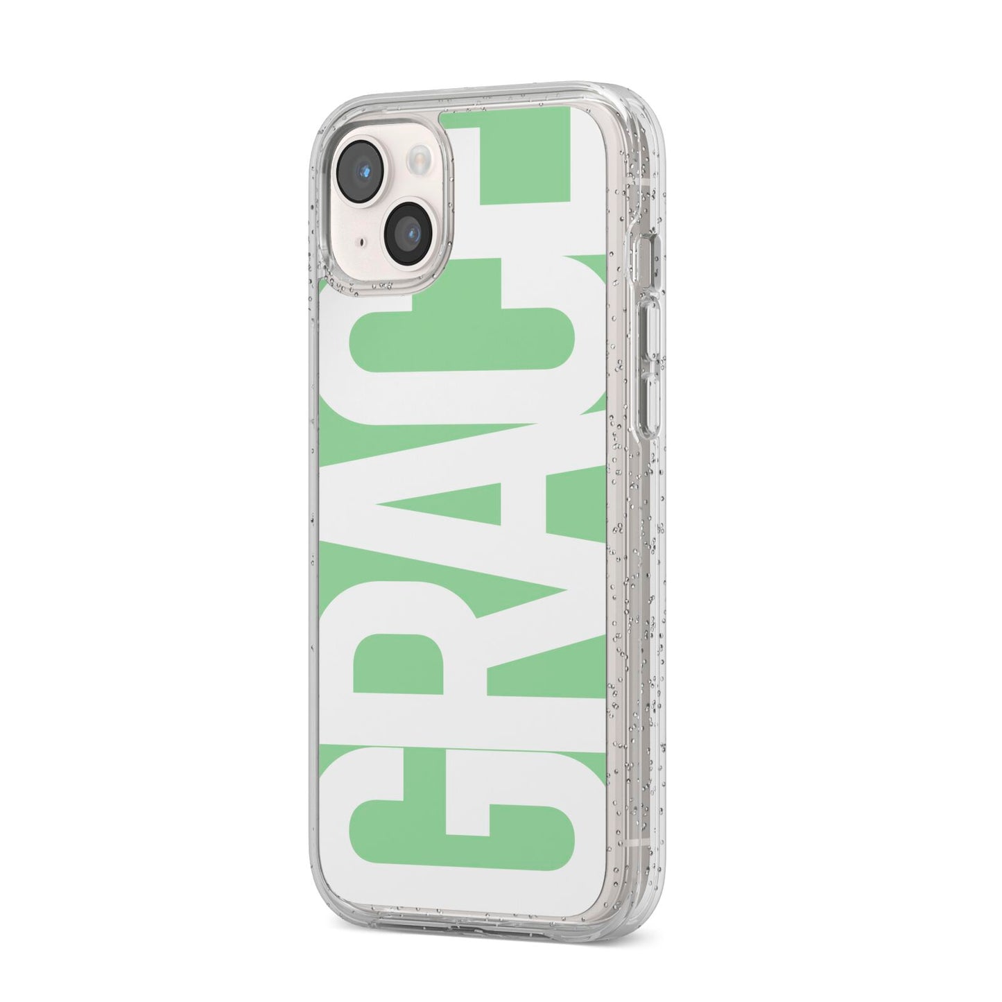 Pale Green with Bold White Text iPhone 14 Plus Glitter Tough Case Starlight Angled Image