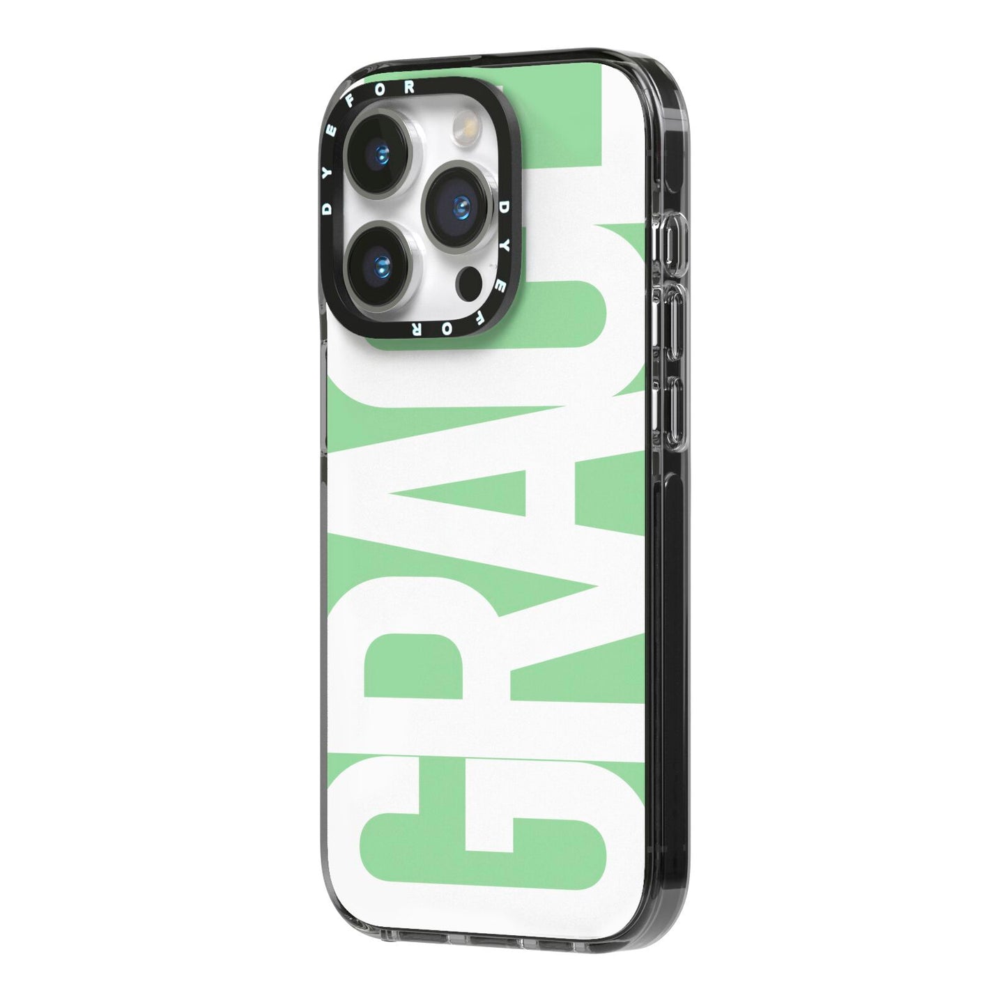 Pale Green with Bold White Text iPhone 14 Pro Black Impact Case Side Angle on Silver phone
