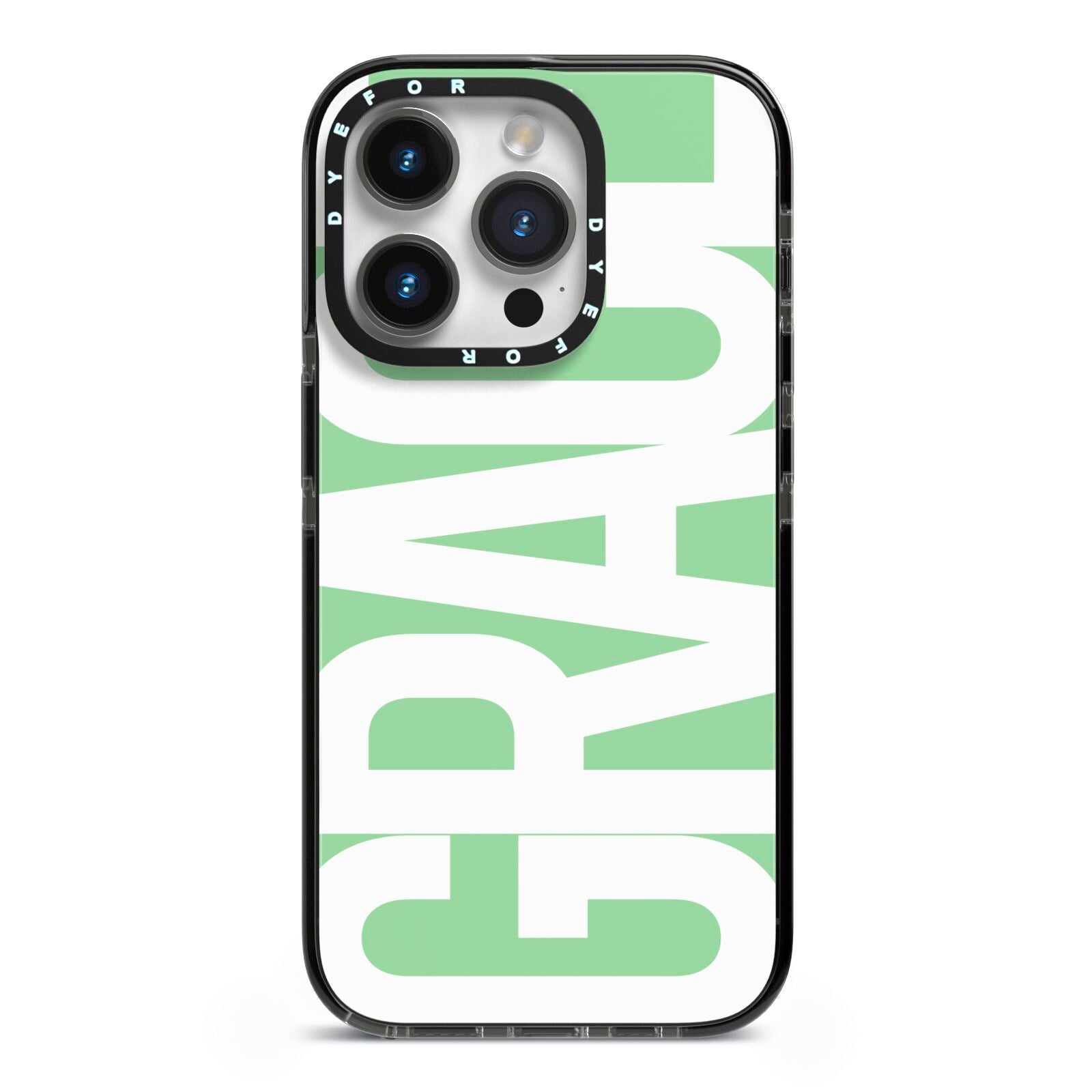 Pale Green with Bold White Text iPhone 14 Pro Black Impact Case on Silver phone