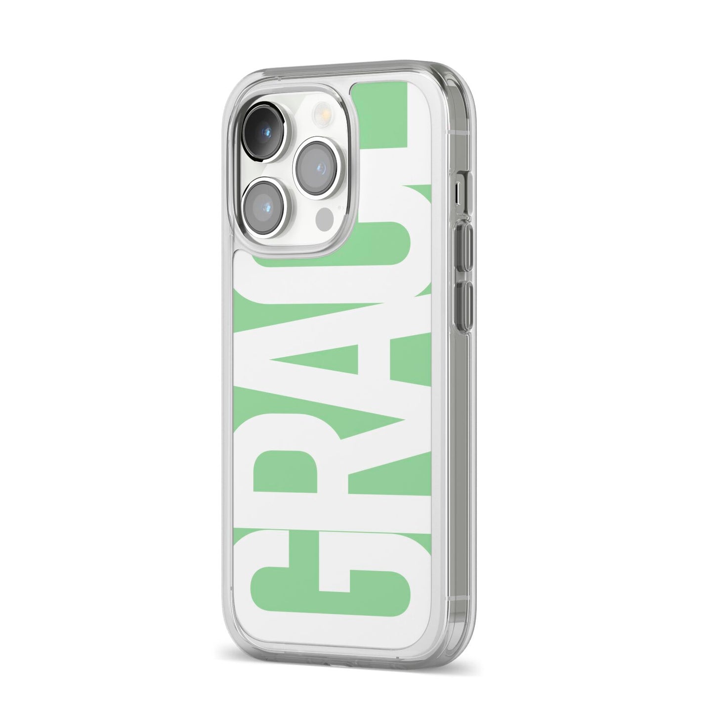 Pale Green with Bold White Text iPhone 14 Pro Clear Tough Case Silver Angled Image