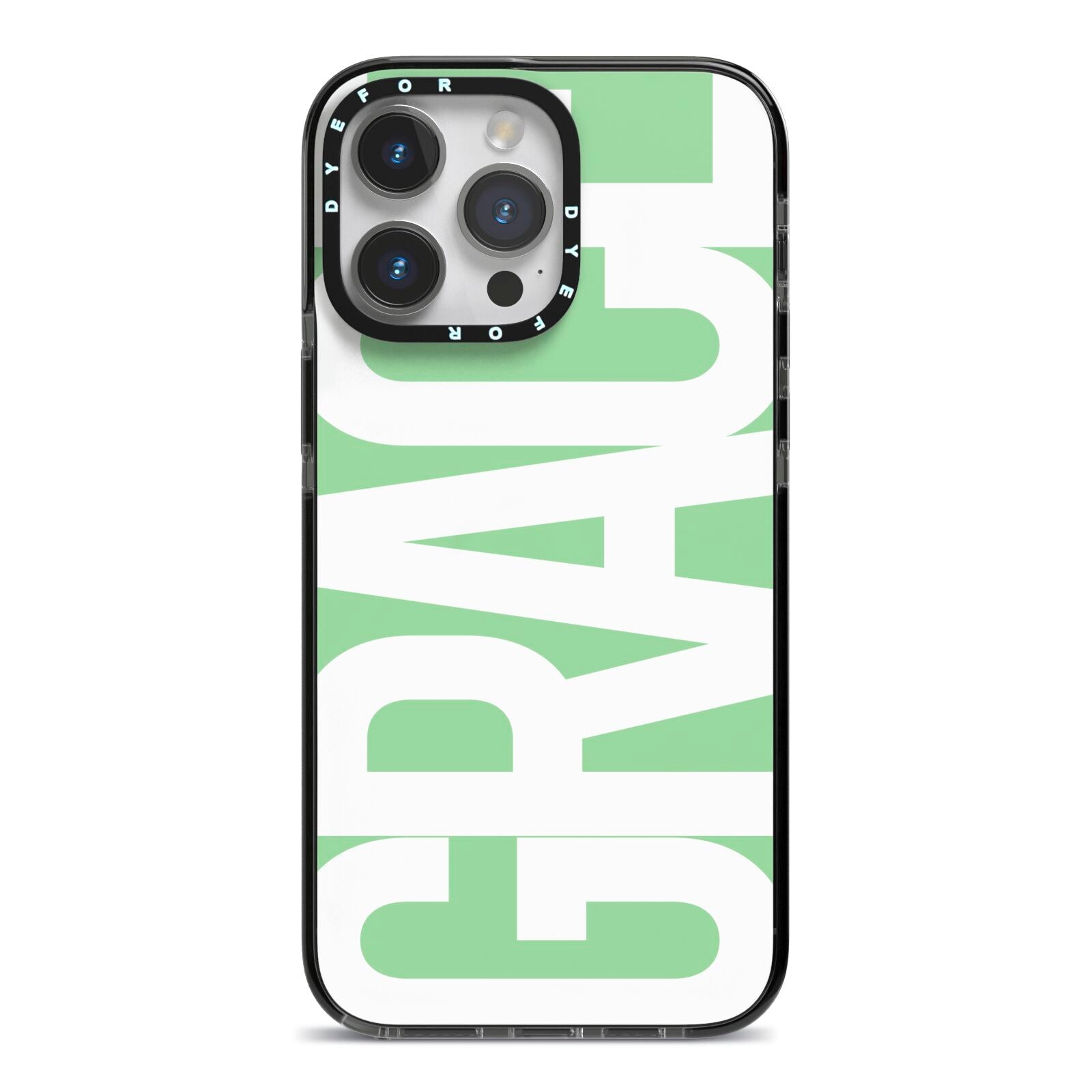 Pale Green with Bold White Text iPhone 14 Pro Max Black Impact Case on Silver phone