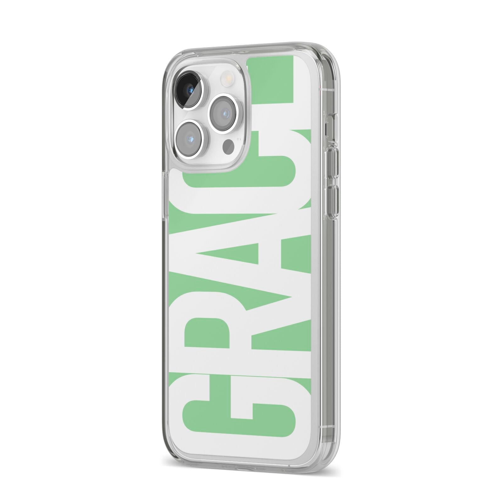 Pale Green with Bold White Text iPhone 14 Pro Max Clear Tough Case Silver Angled Image
