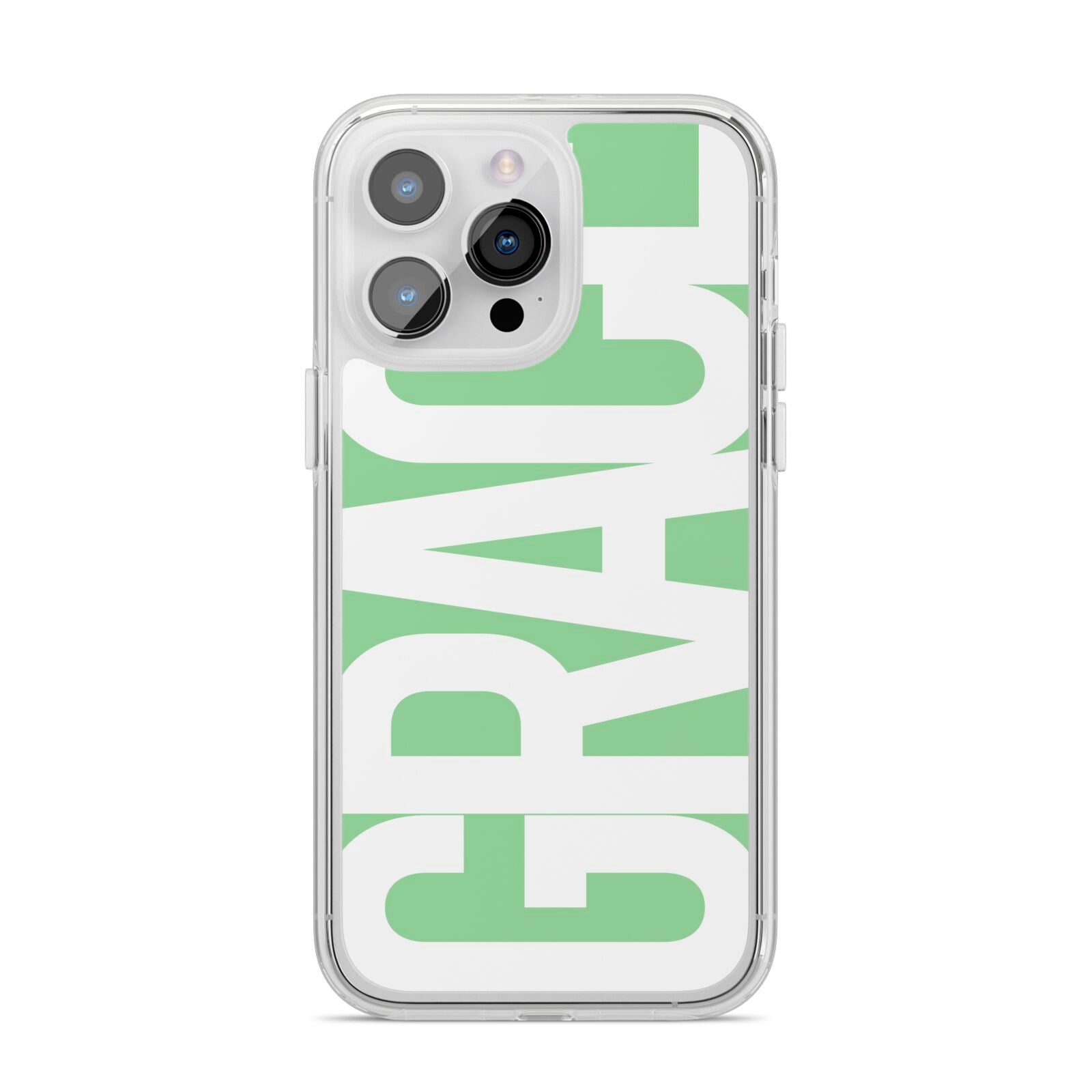 Pale Green with Bold White Text iPhone 14 Pro Max Clear Tough Case Silver