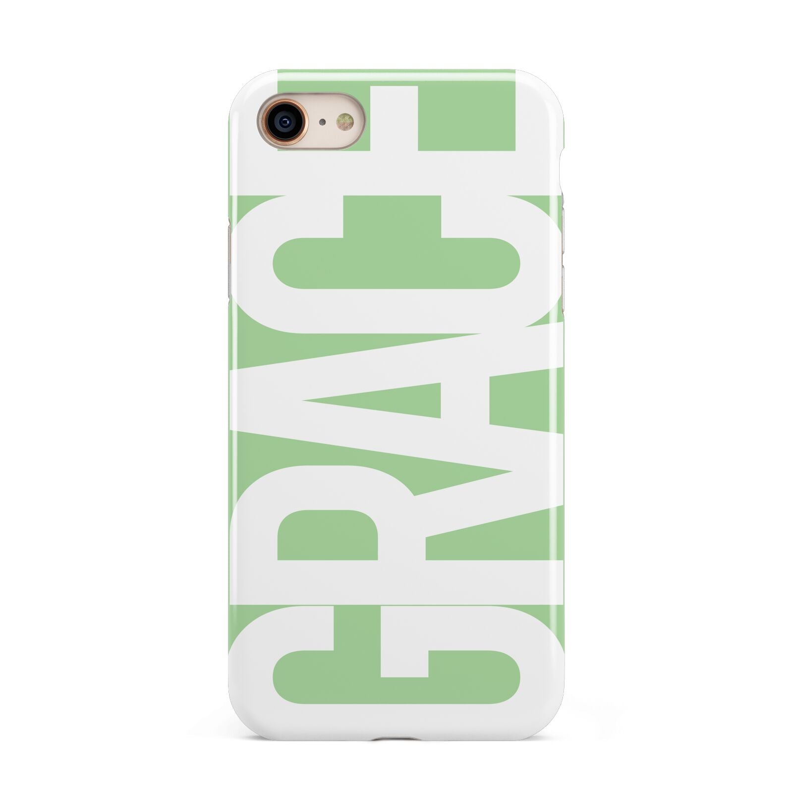 Pale Green with Bold White Text iPhone 8 3D Tough Case on Gold Phone