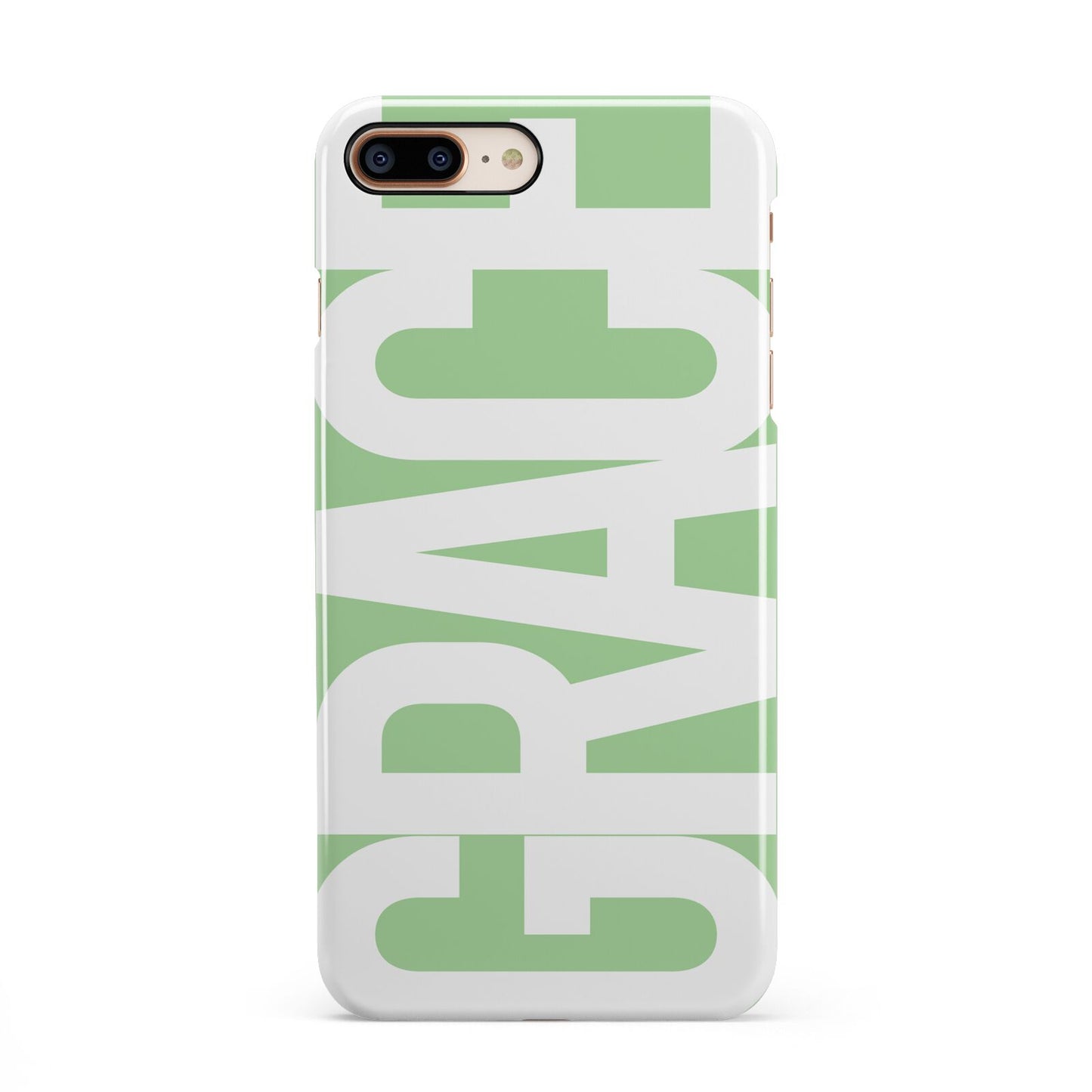 Pale Green with Bold White Text iPhone 8 Plus 3D Snap Case on Gold Phone