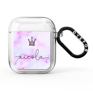 Pale Purple Glitter Marble with Crowned Name AirPods Case
