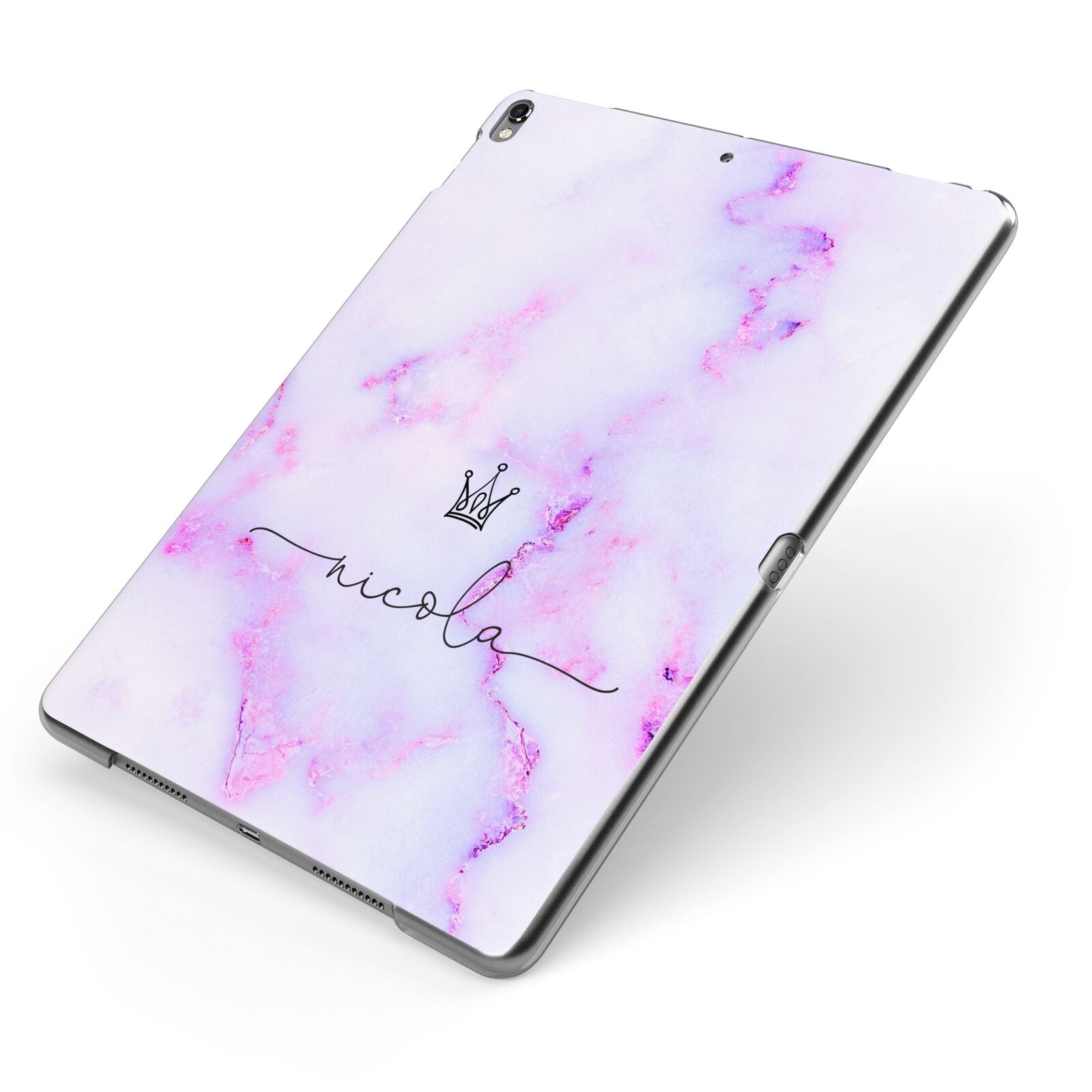 Pale Purple Glitter Marble with Crowned Name Apple iPad Case on Grey iPad Side View