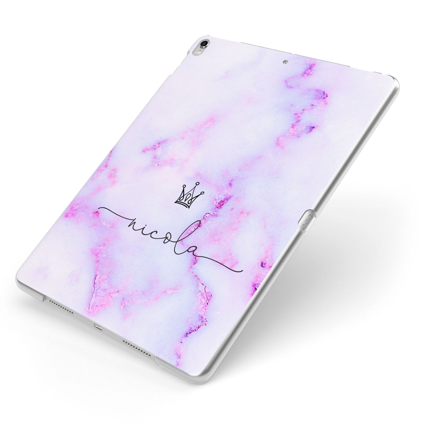 Pale Purple Glitter Marble with Crowned Name Apple iPad Case on Silver iPad Side View