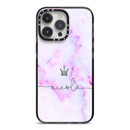 Pale Purple Glitter Marble with Crowned Name iPhone 14 Pro Max Black Impact Case on Silver phone