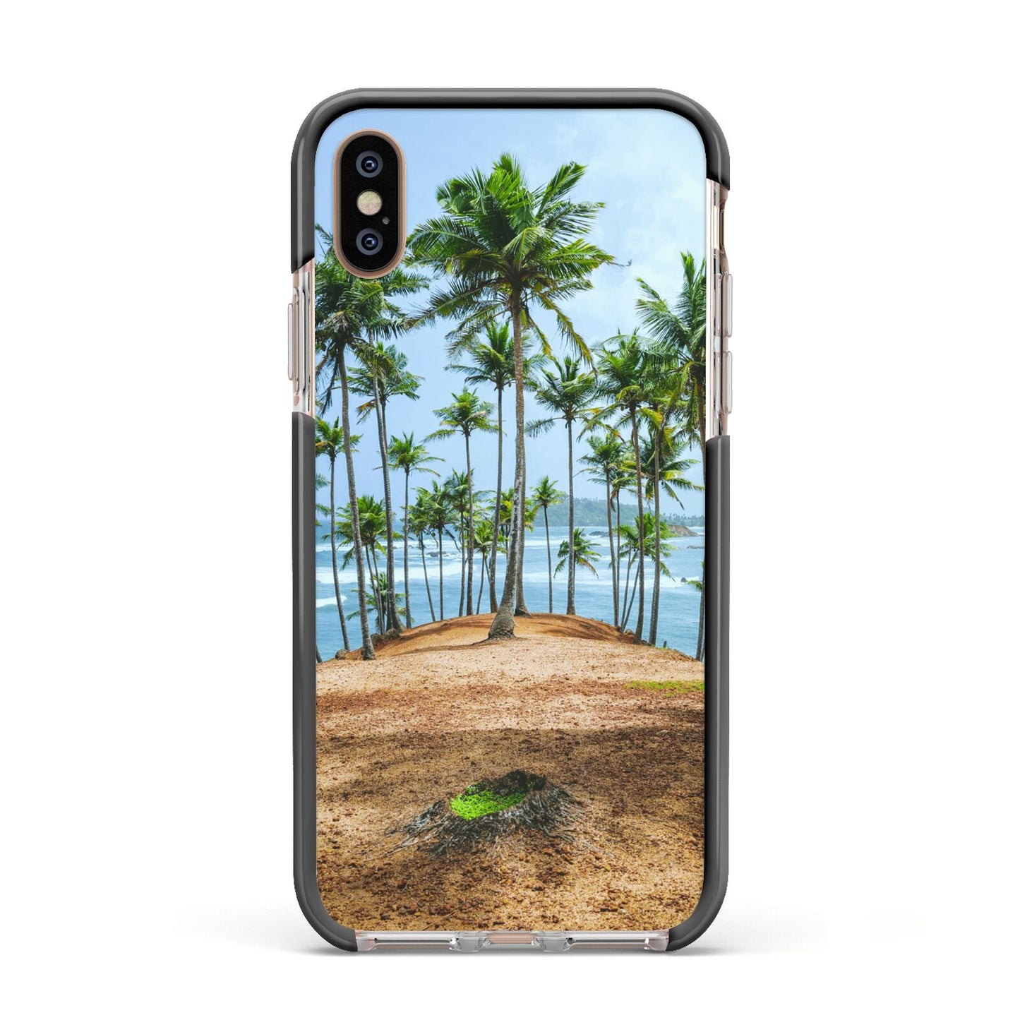 Palm Trees Apple iPhone Xs Impact Case Black Edge on Gold Phone