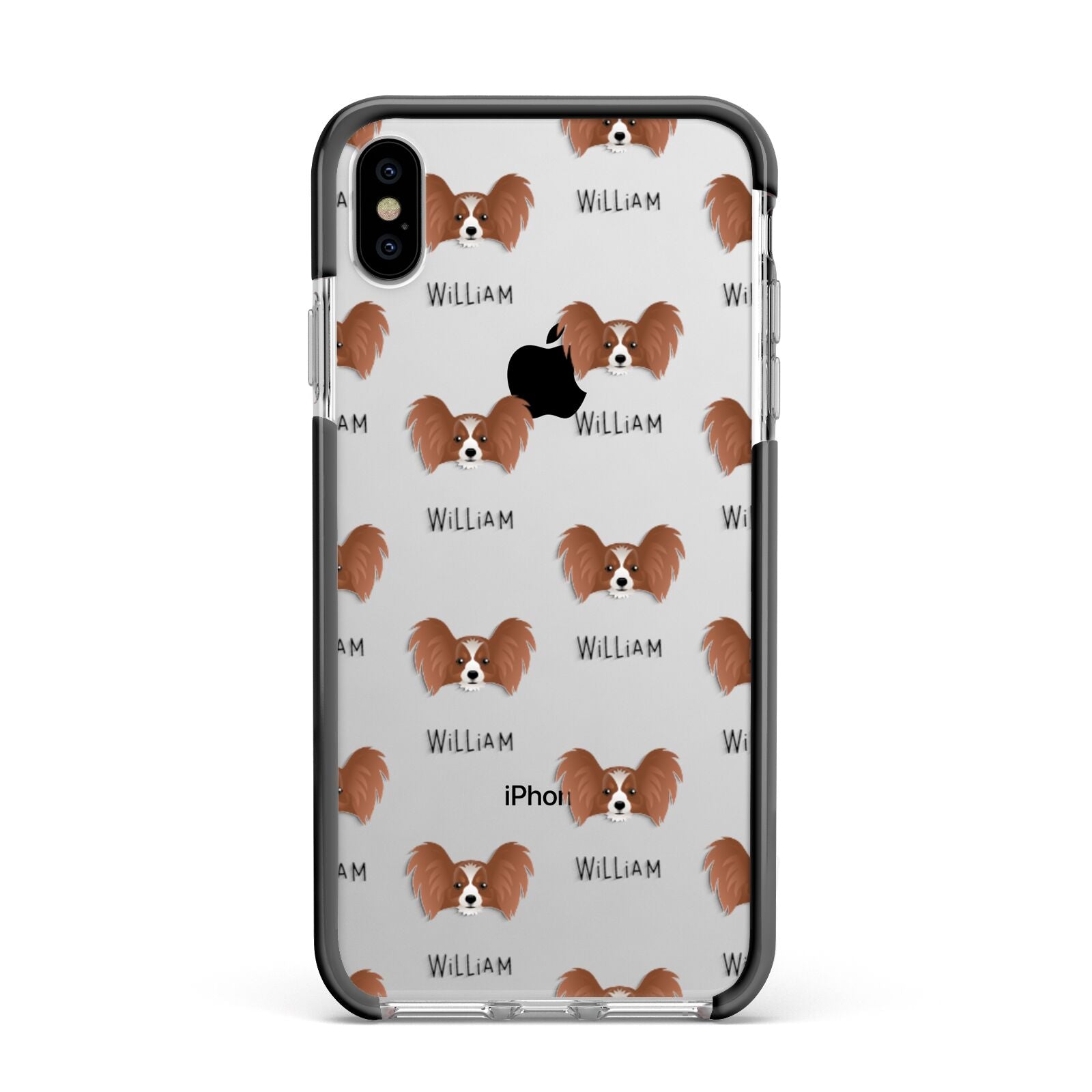 Papillon Icon with Name Apple iPhone Xs Max Impact Case Black Edge on Silver Phone
