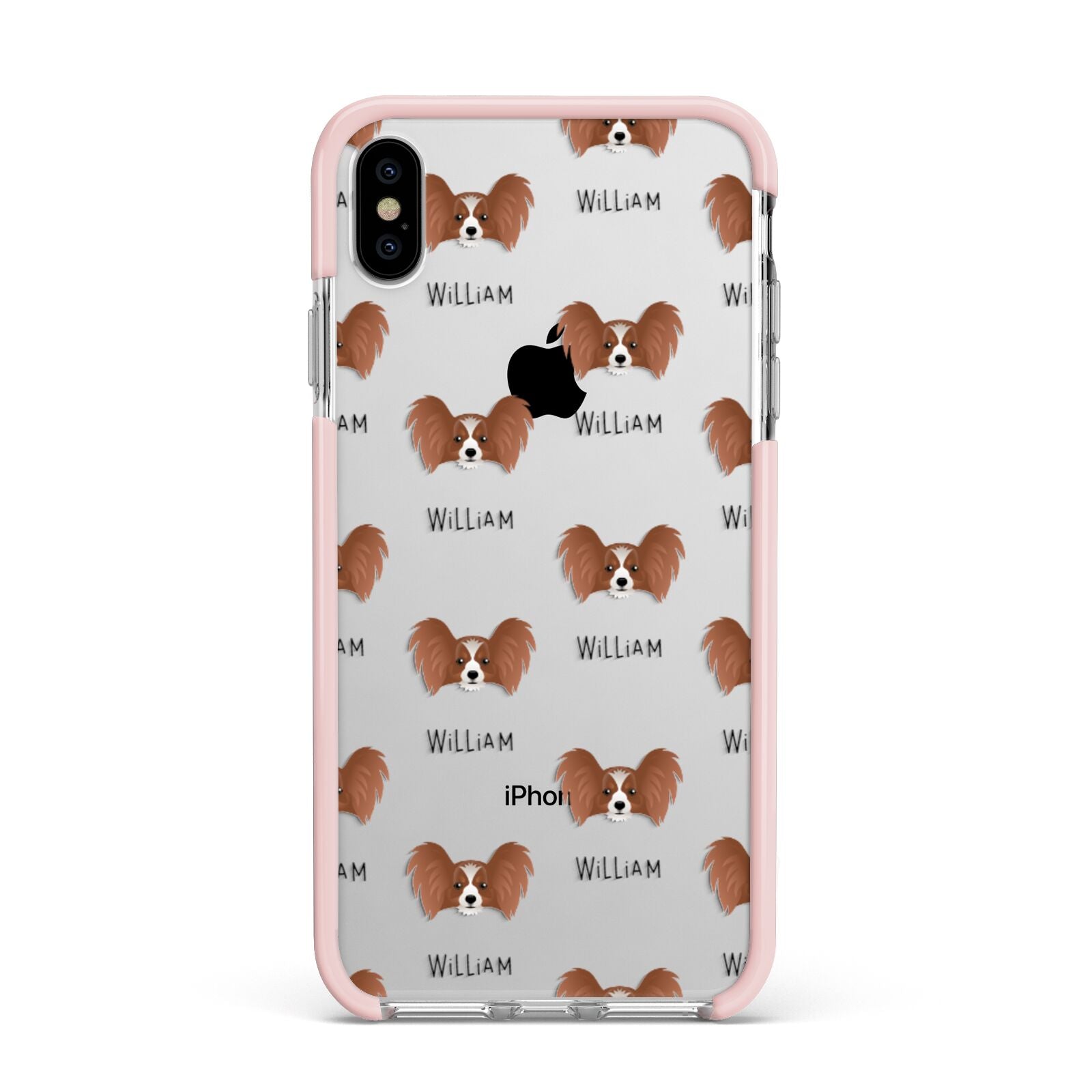 Papillon Icon with Name Apple iPhone Xs Max Impact Case Pink Edge on Silver Phone