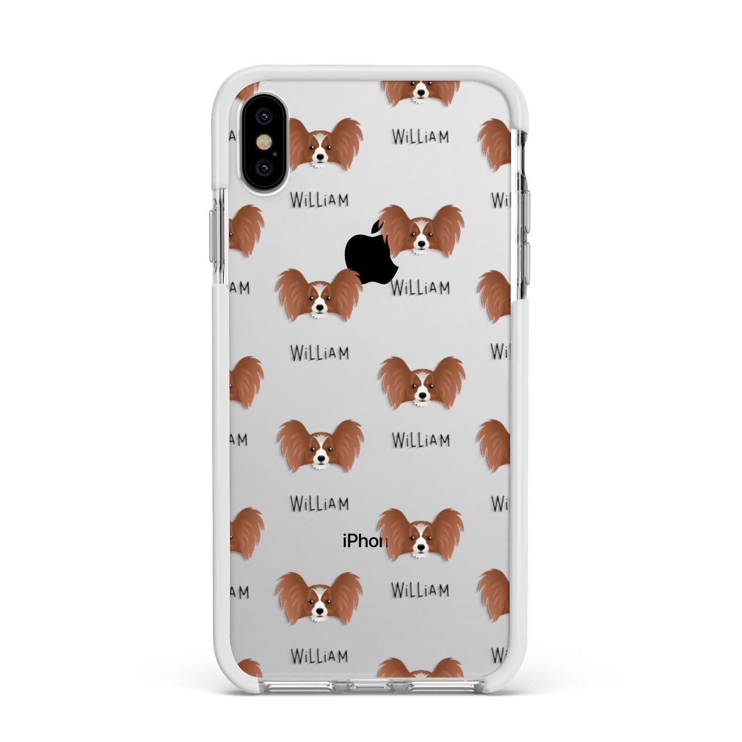 Papillon Icon with Name Apple iPhone Xs Max Impact Case White Edge on Silver Phone