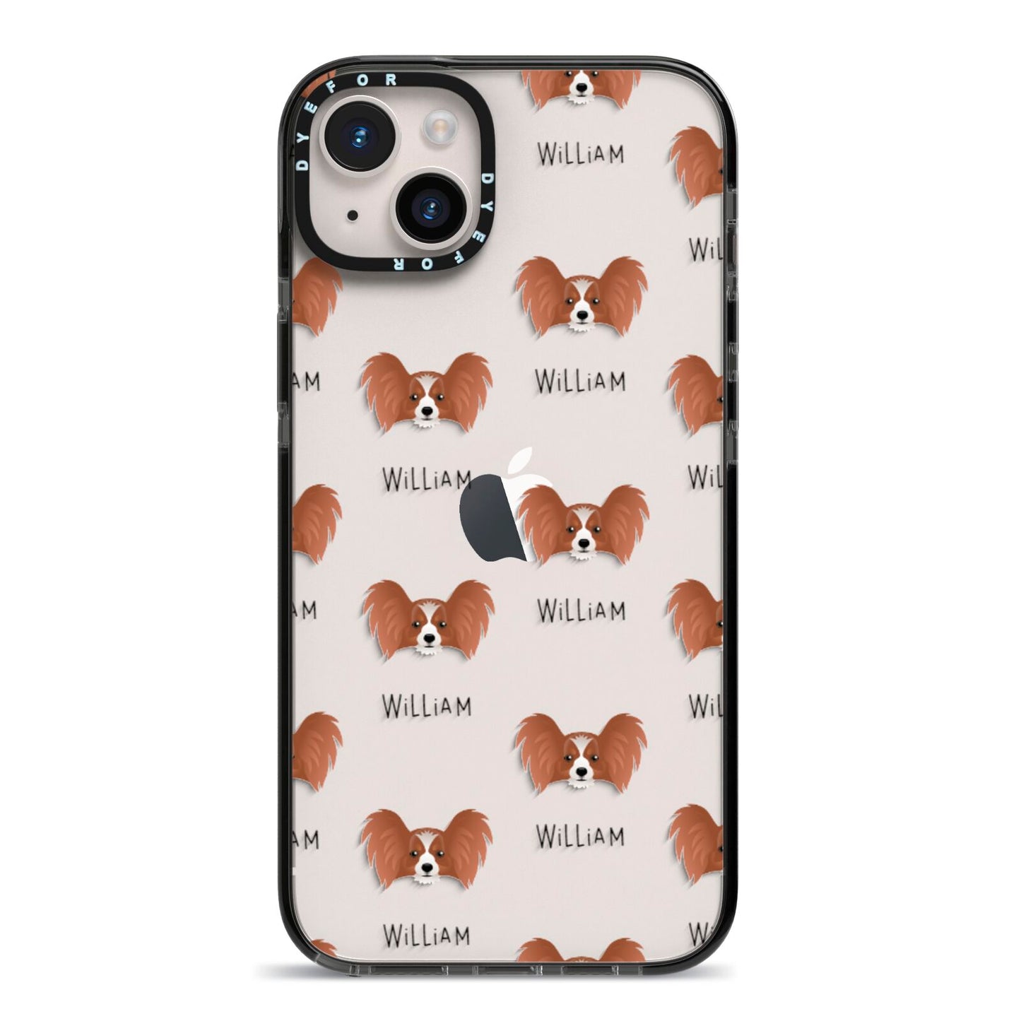 Papillon Icon with Name iPhone 14 Plus Black Impact Case on Silver phone