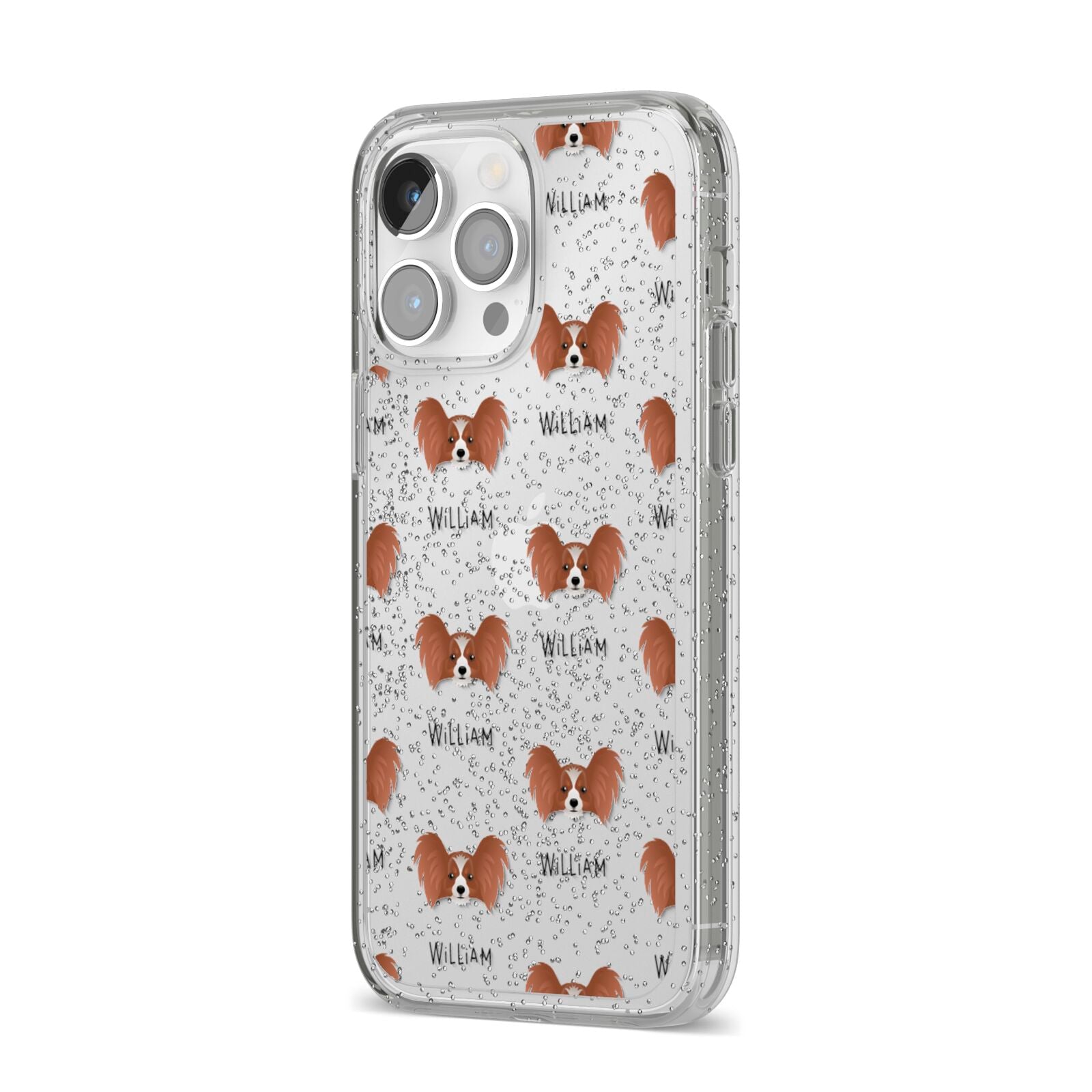 Papillon Icon with Name iPhone 14 Pro Max Glitter Tough Case Silver Angled Image