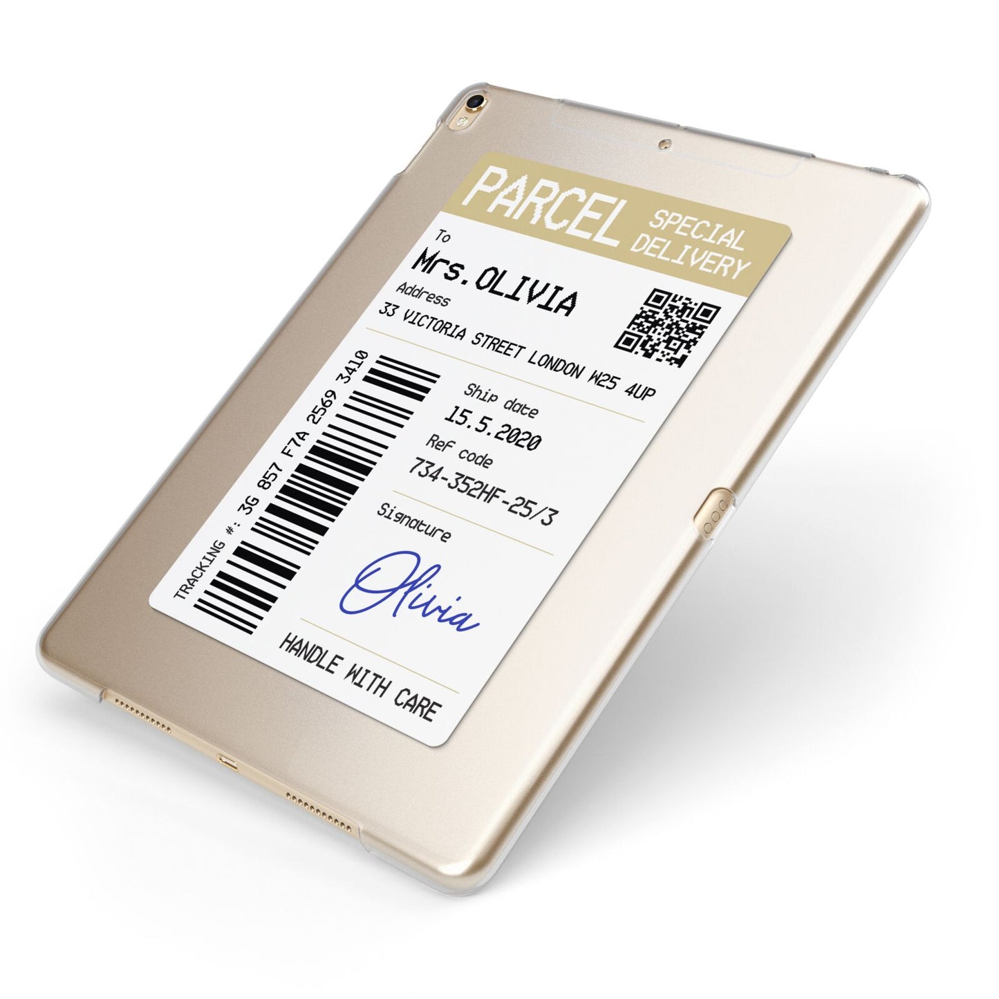 Parcel Label with Name Apple iPad Case on Gold iPad Side View