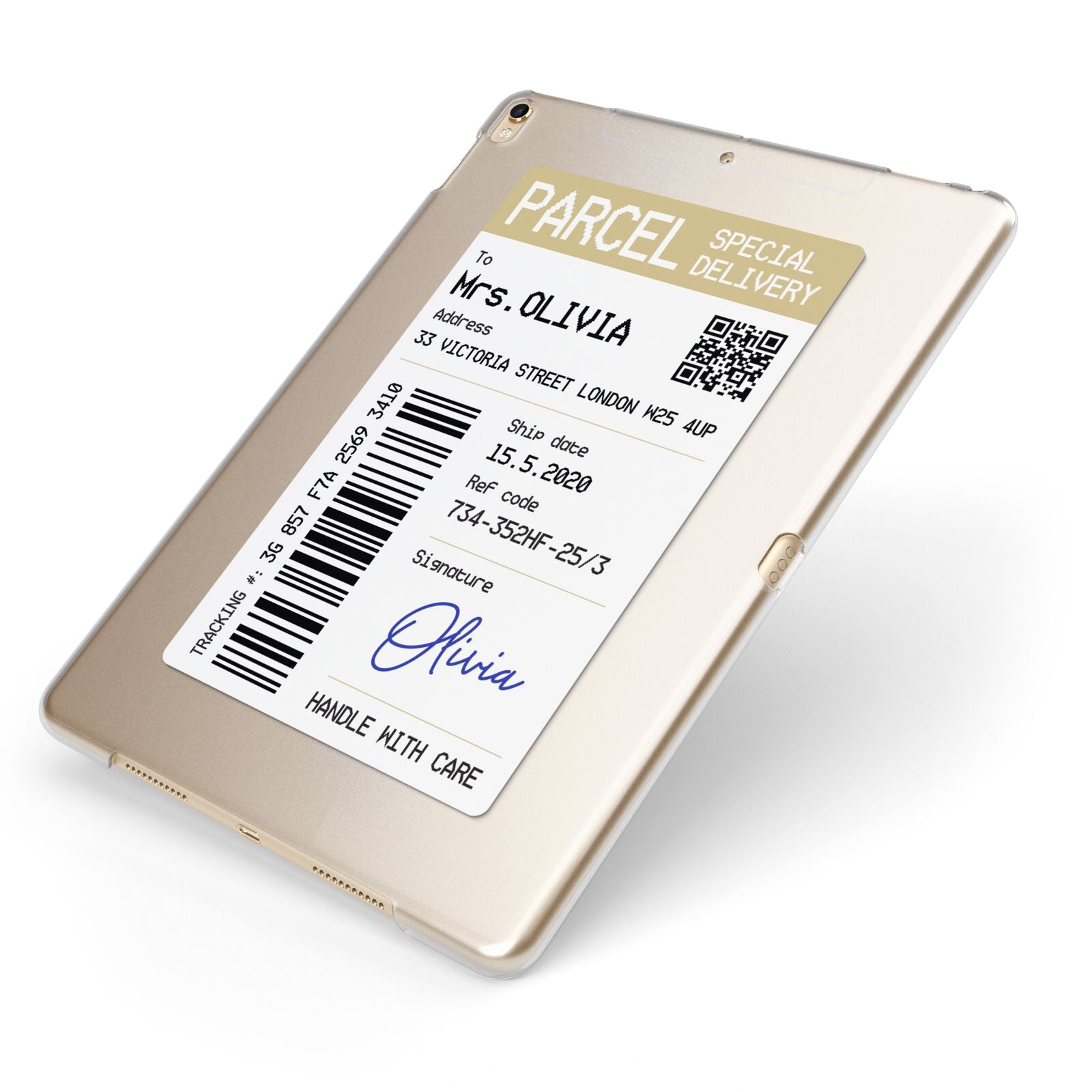 Parcel Label with Name Apple iPad Case on Gold iPad Side View