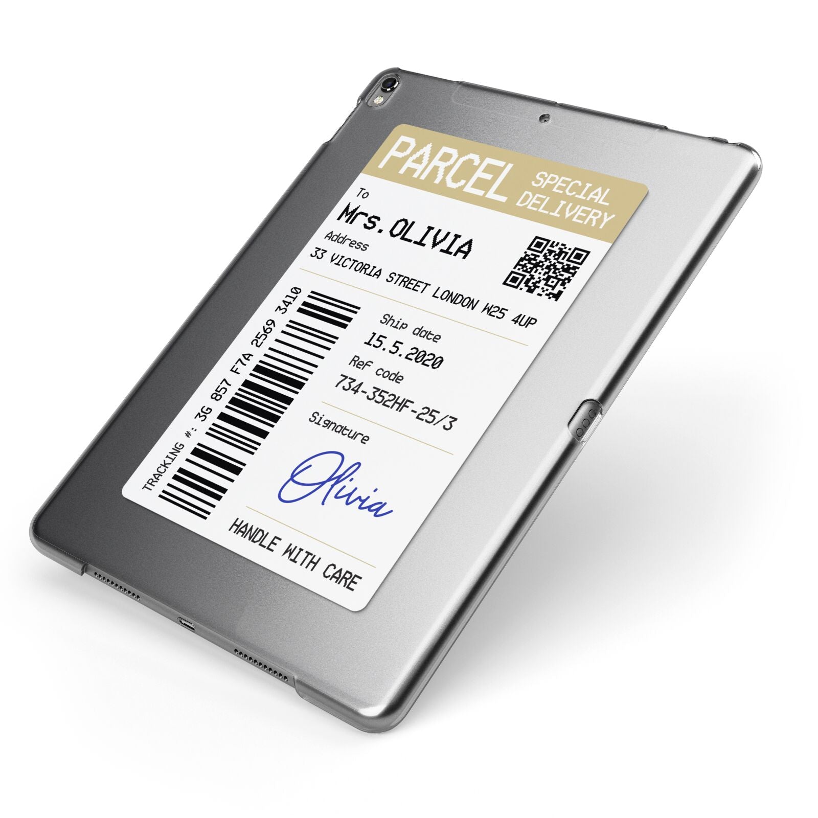 Parcel Label with Name Apple iPad Case on Grey iPad Side View