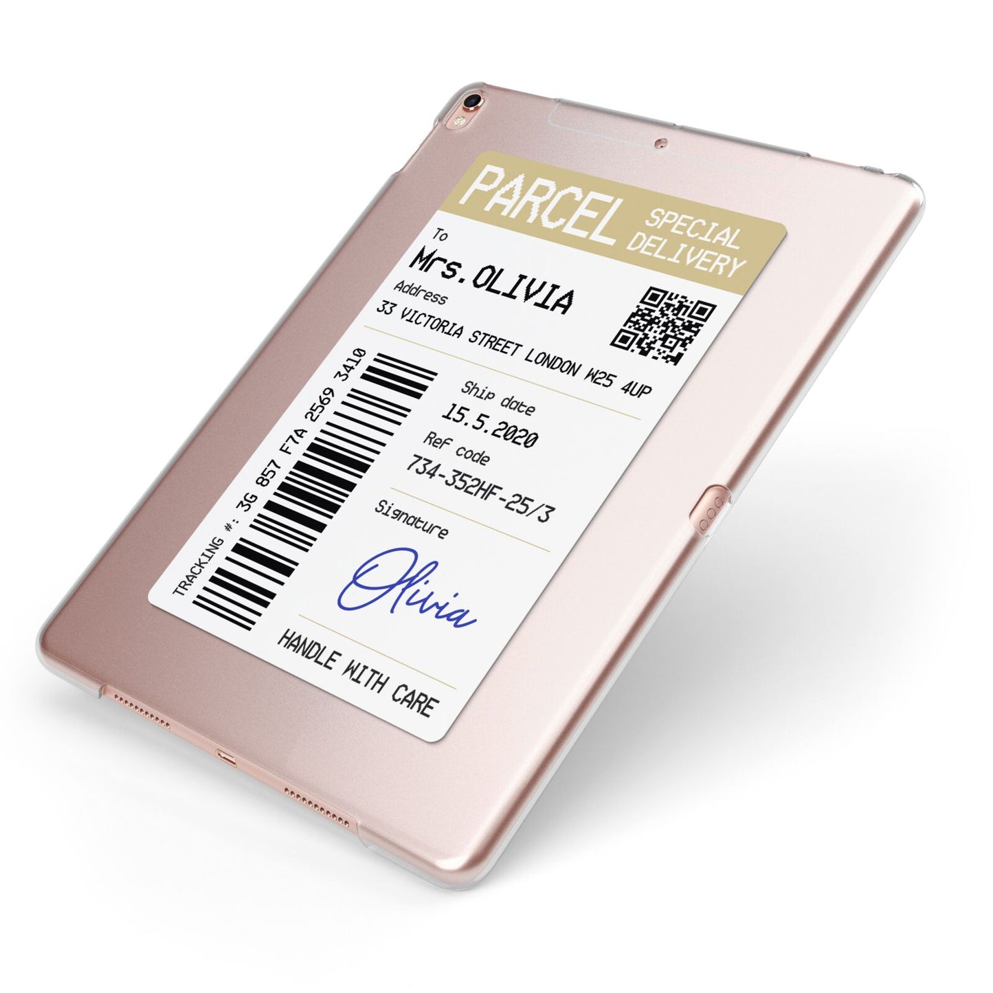 Parcel Label with Name Apple iPad Case on Rose Gold iPad Side View