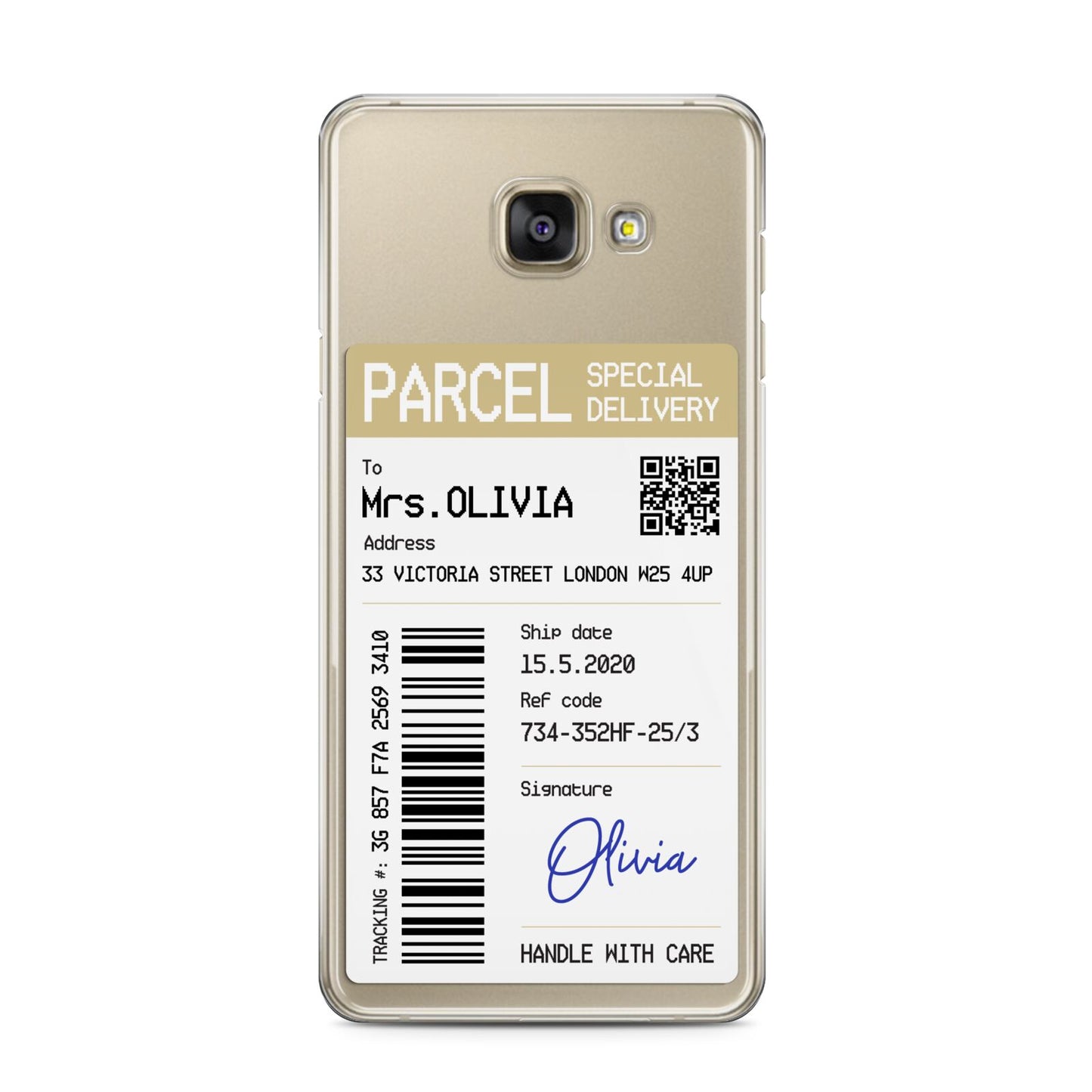 Parcel Label with Name Samsung Galaxy A3 2016 Case on gold phone