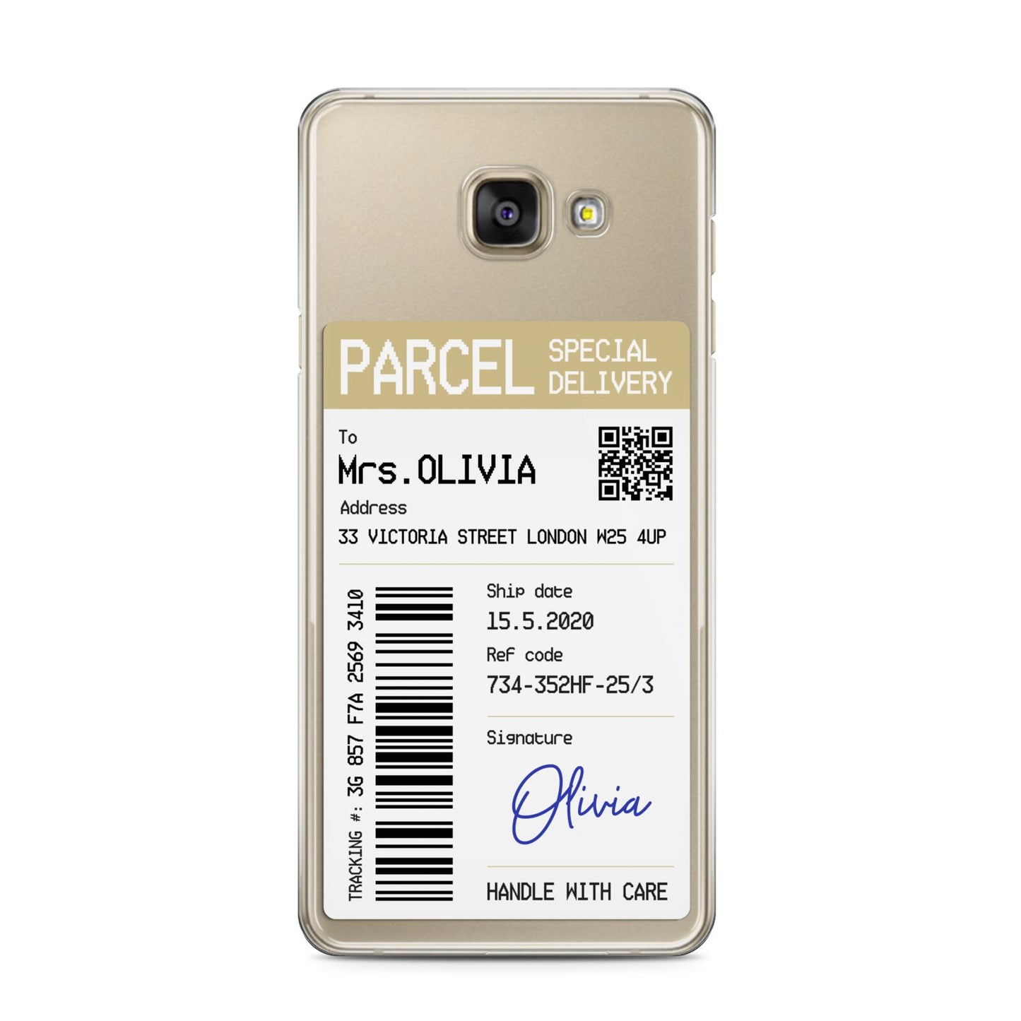 Parcel Label with Name Samsung Galaxy A3 2016 Case on gold phone