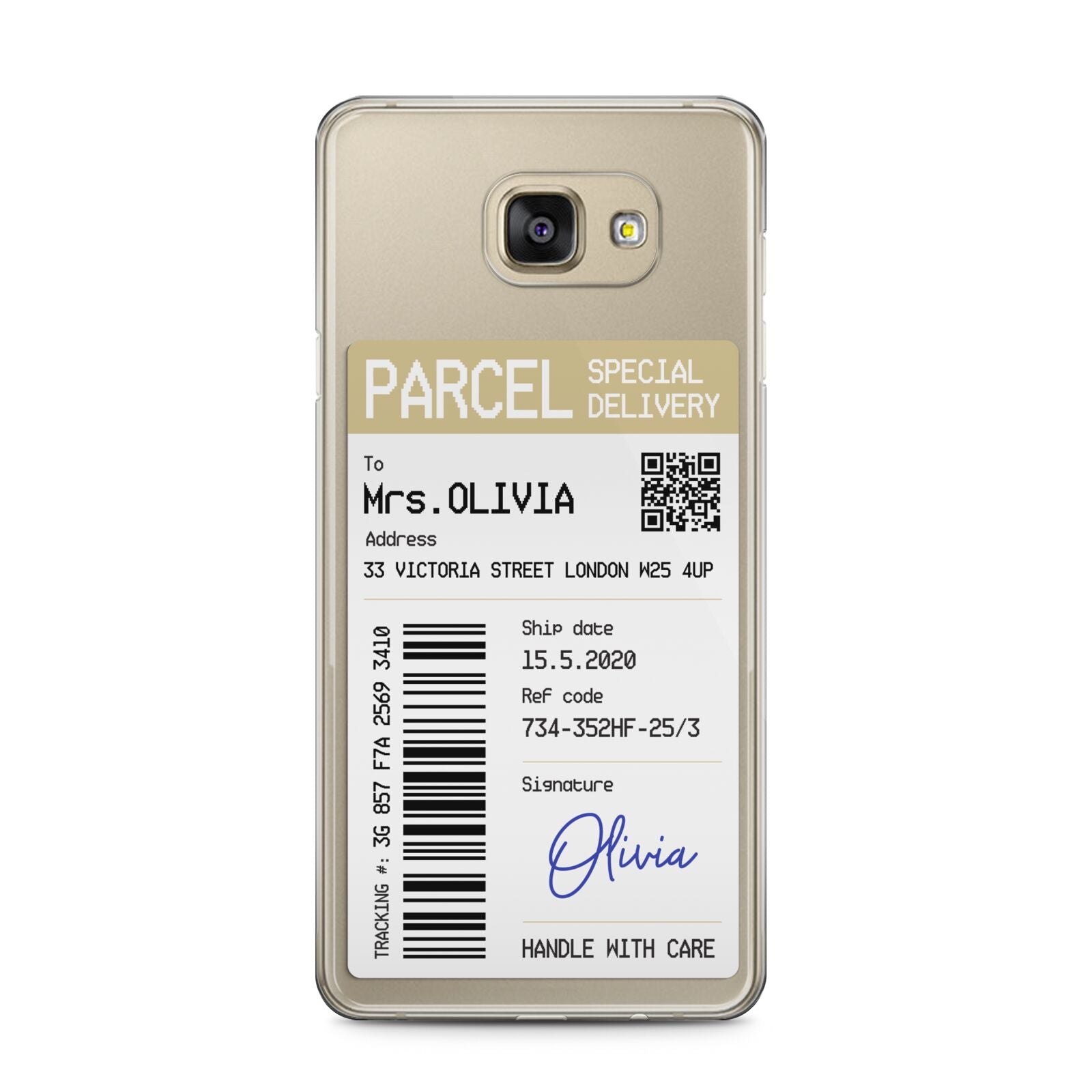 Parcel Label with Name Samsung Galaxy A5 2016 Case on gold phone