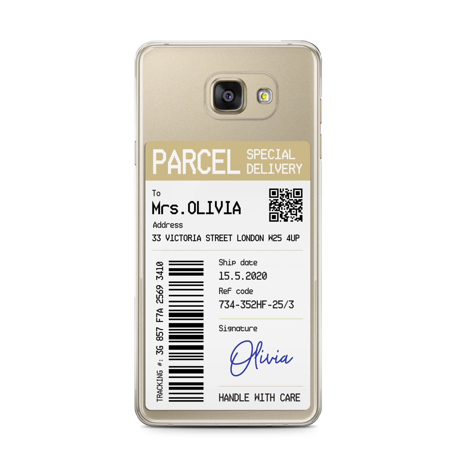 Parcel Label with Name Samsung Galaxy A7 2016 Case on gold phone
