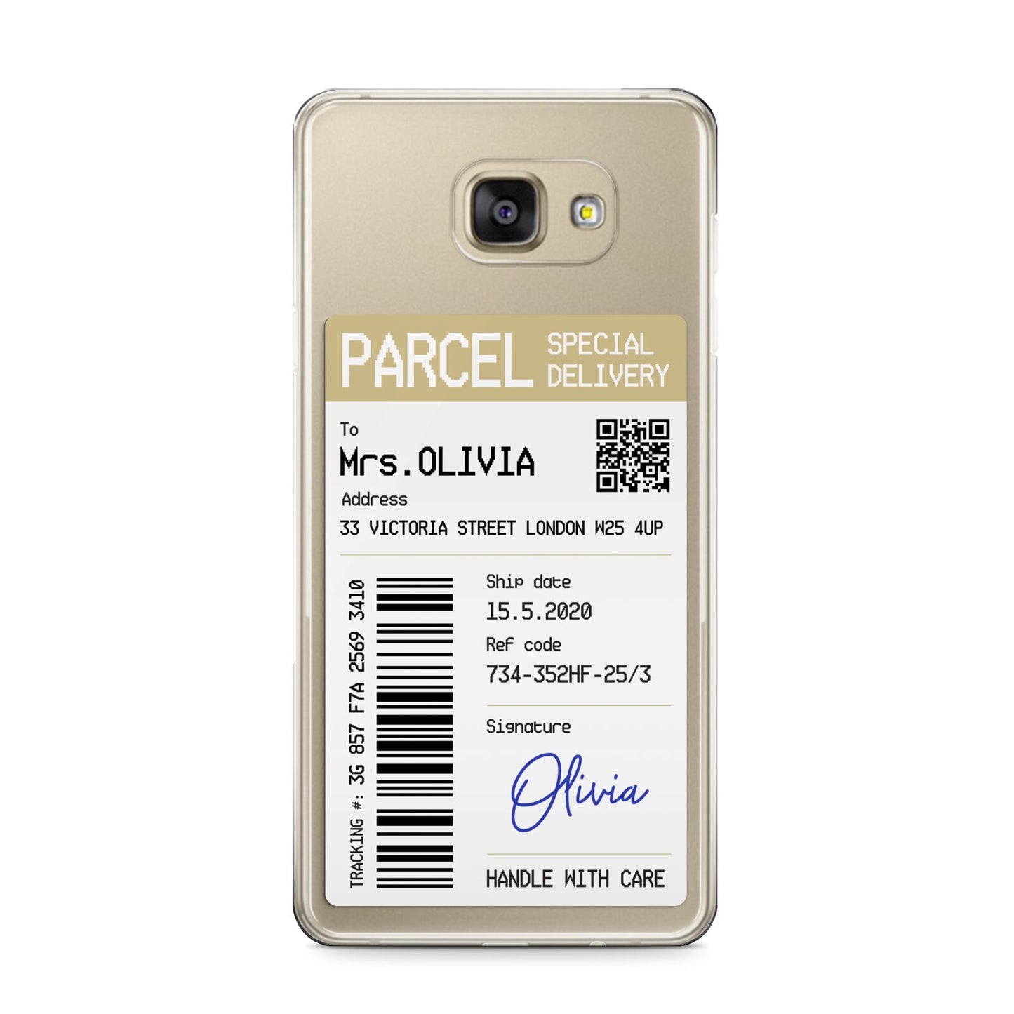 Parcel Label with Name Samsung Galaxy A9 2016 Case on gold phone